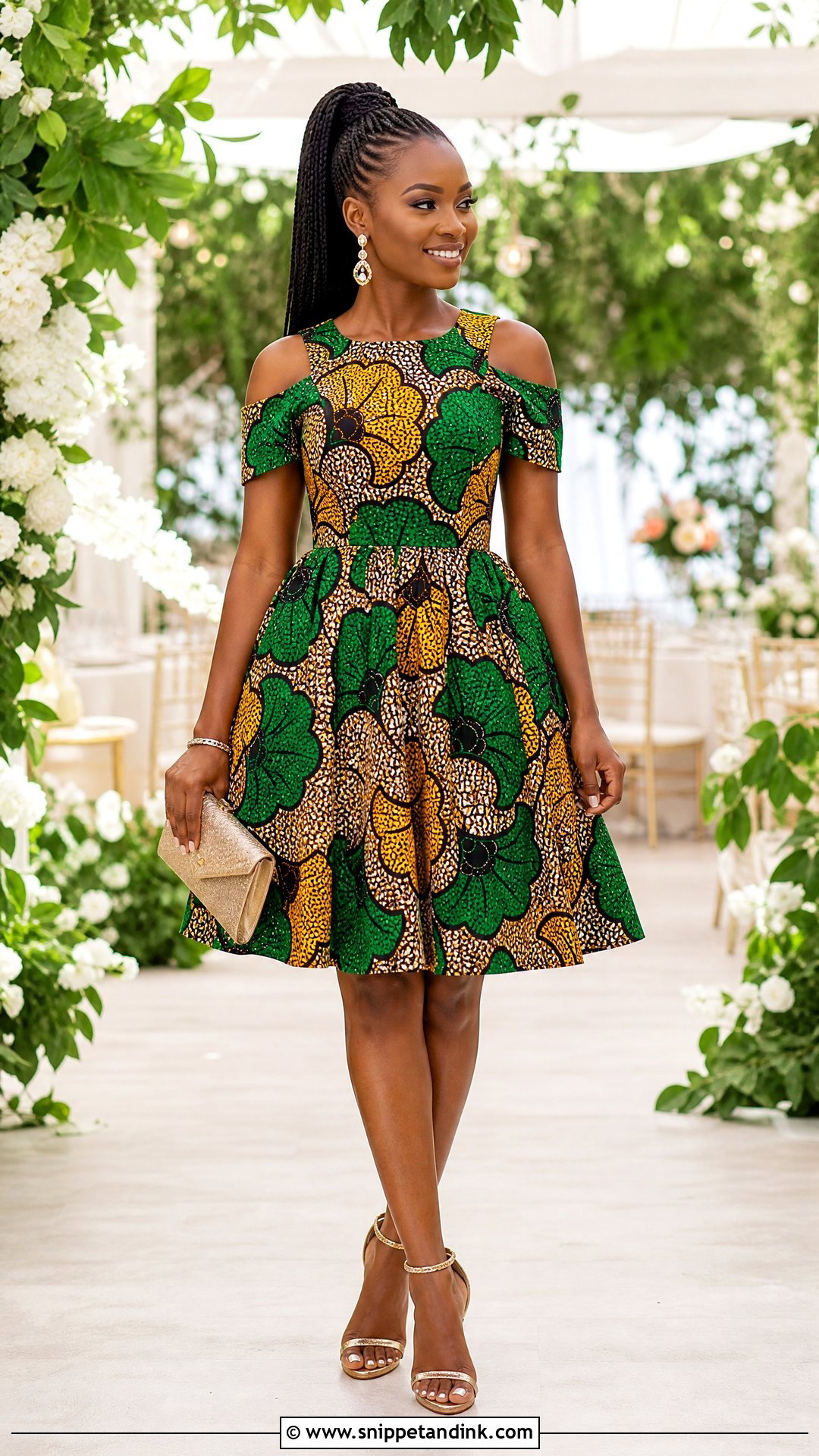 Cold Shoulder Ankara Short Gown With Ankle Strap Heels - Snippet and Ink - 20 Short Gown Ankara Styles for Wedding