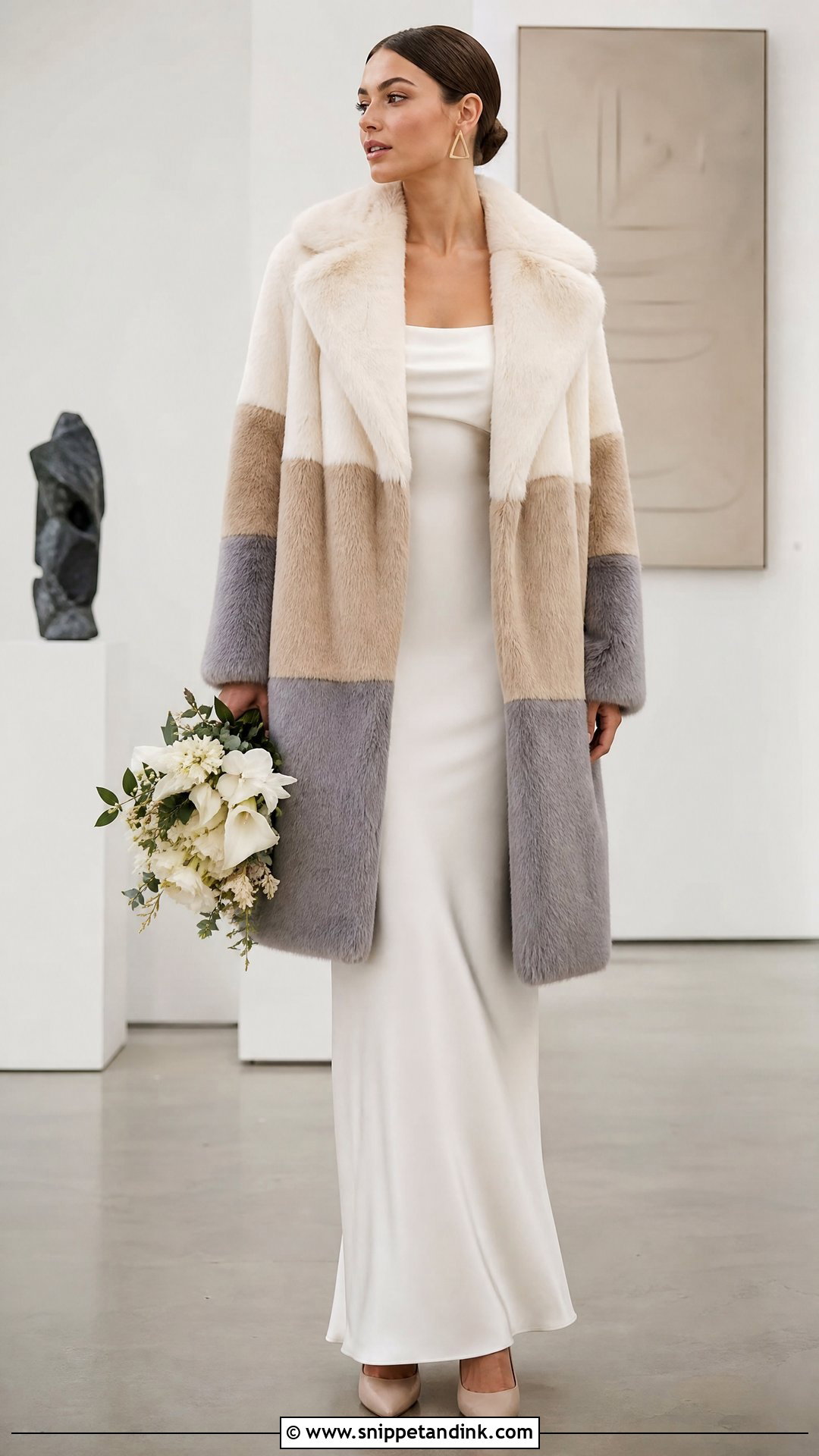 Color Block Fur Coat With Modern Wedding Dress - Snippet and Ink - 20 Wedding Fur Coat Ideas