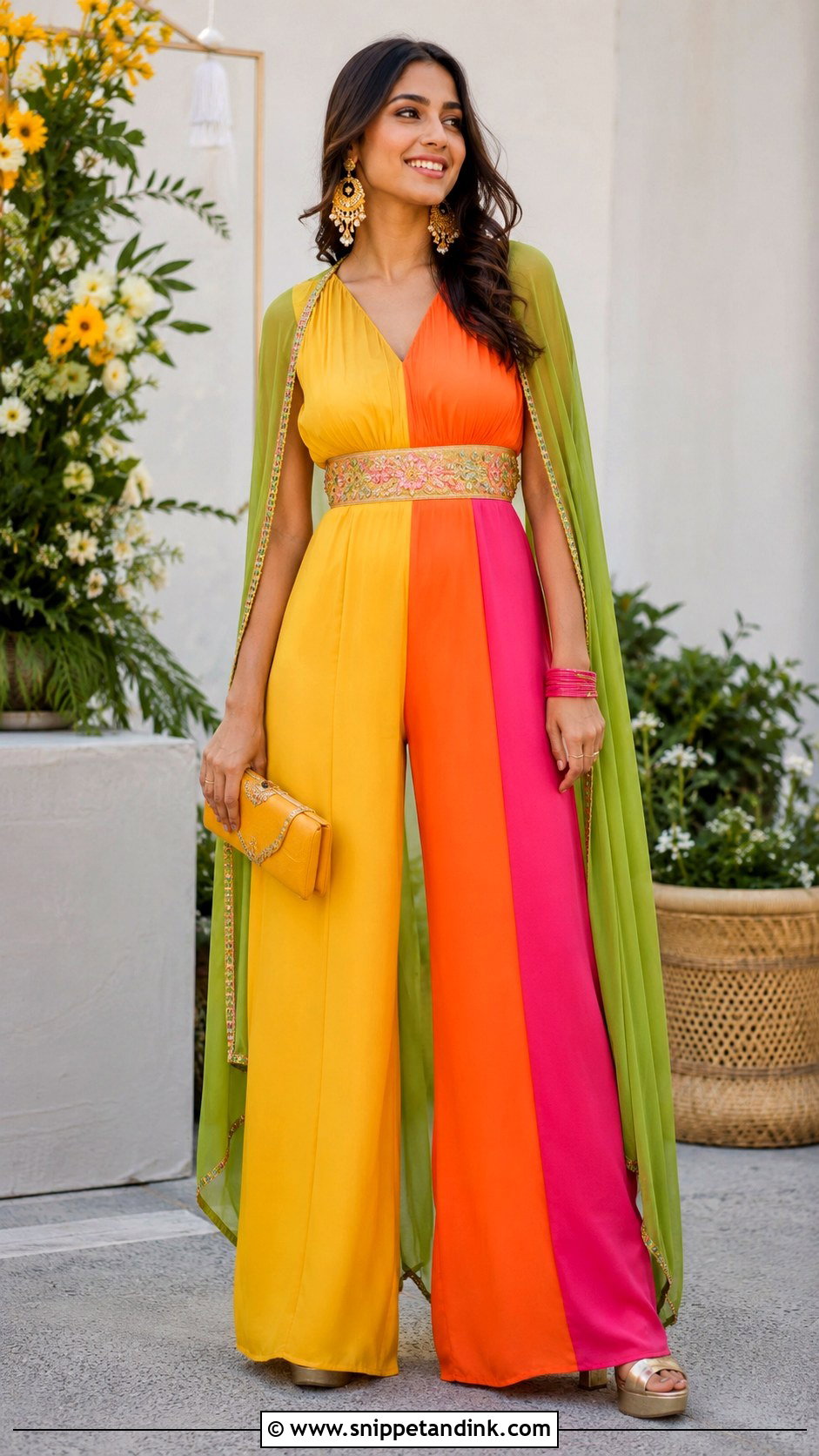 Color Block Jumpsuit Haldi Outfit - Snippet and Ink - 20 Colourful Haldi Outfit Ideas