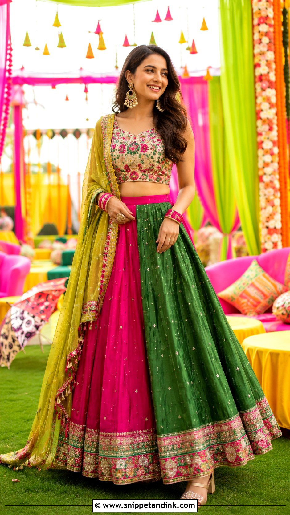 Color Block Lehenga for Mehendi Function - Snippet and Ink - 25 Outfit for Mehendi Function Ideas