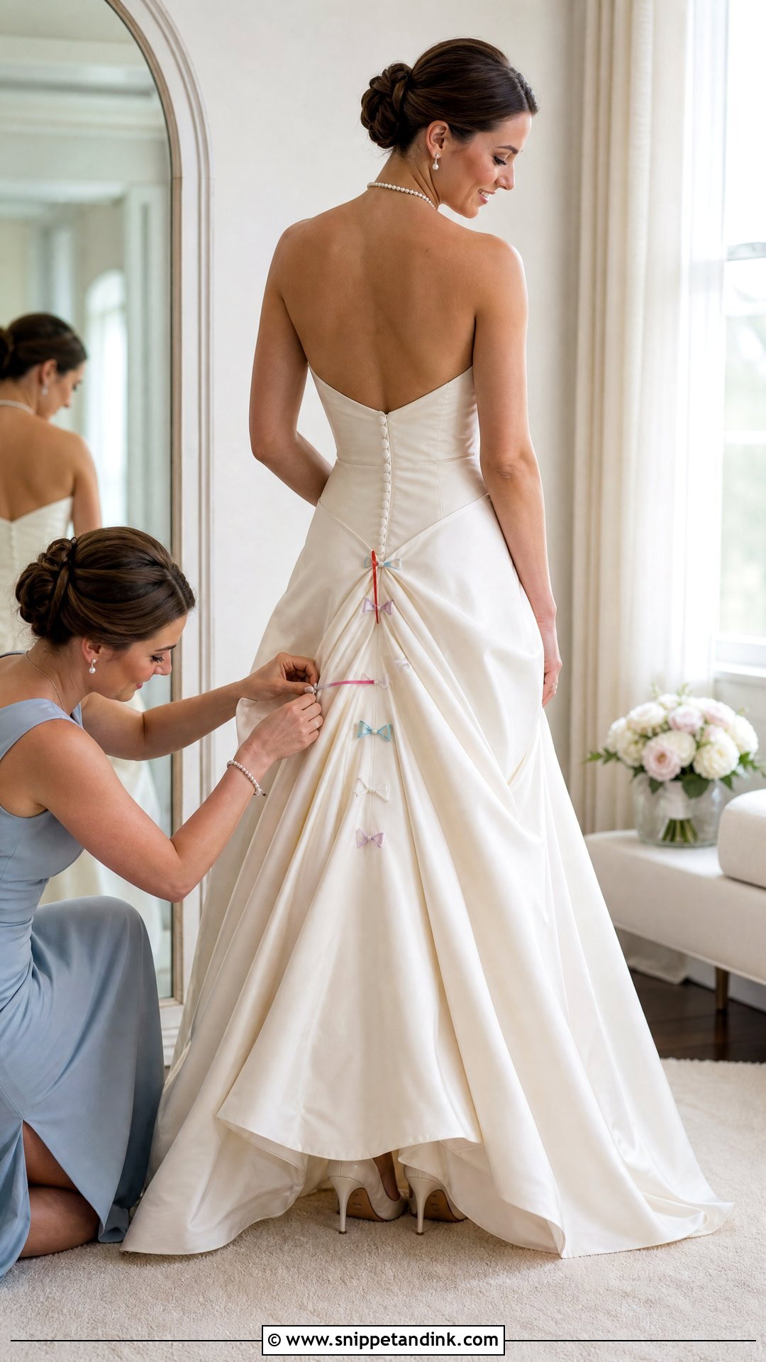 Color Coded Ribbon Bustle for an Easy Dress Change - Snippet and Ink - 20 Wedding Dress Train Bustle Ideas