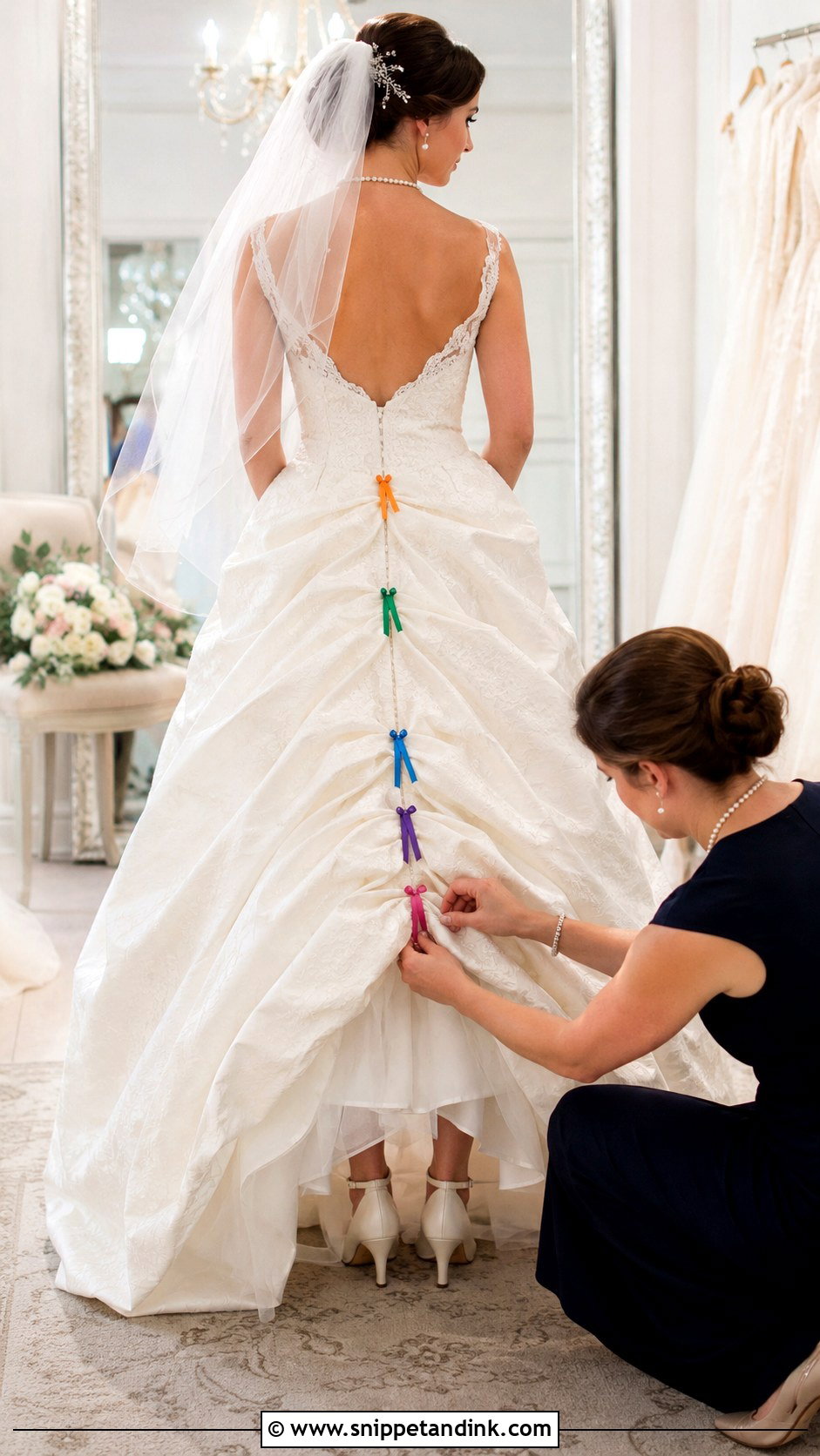 Color Coded Ribbon Wedding Dress Bustle - Snippet and Ink - 20 DIY Wedding Dress Bustle Ideas