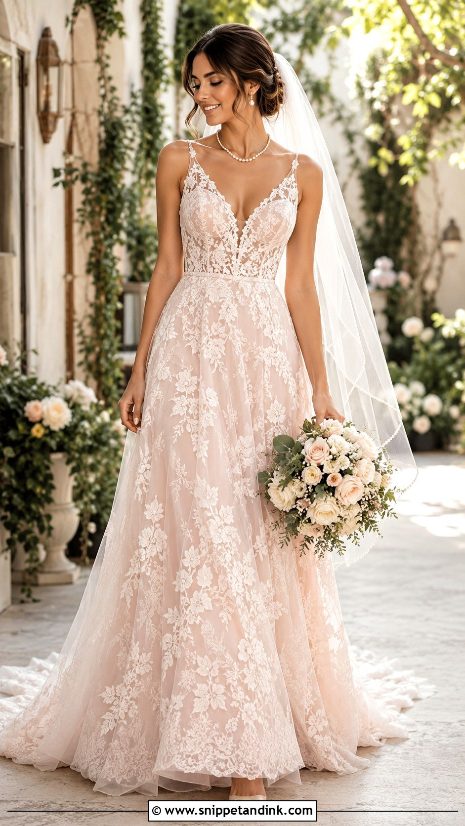 Colored Lace Wedding Dress With Ivory Veil - Snippet and Ink - 20 Modern Lace Wedding Dress Ideas