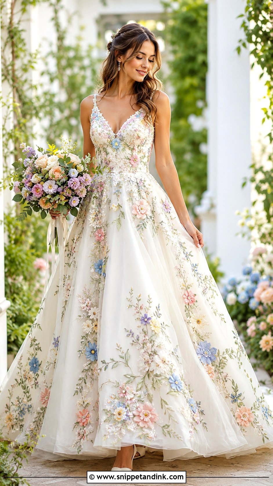 Colorful Floral Wedding Dress With Bouquet - Snippet and Ink - 25 Wedding Dresses with Flowers