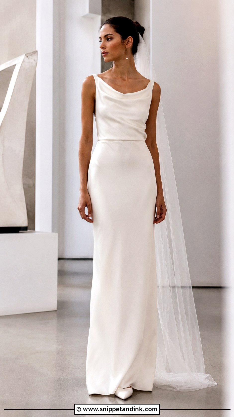 Column Bridal Dress With Draped Neckline - Snippet and Ink - 20 Beautiful Bridal Dresses