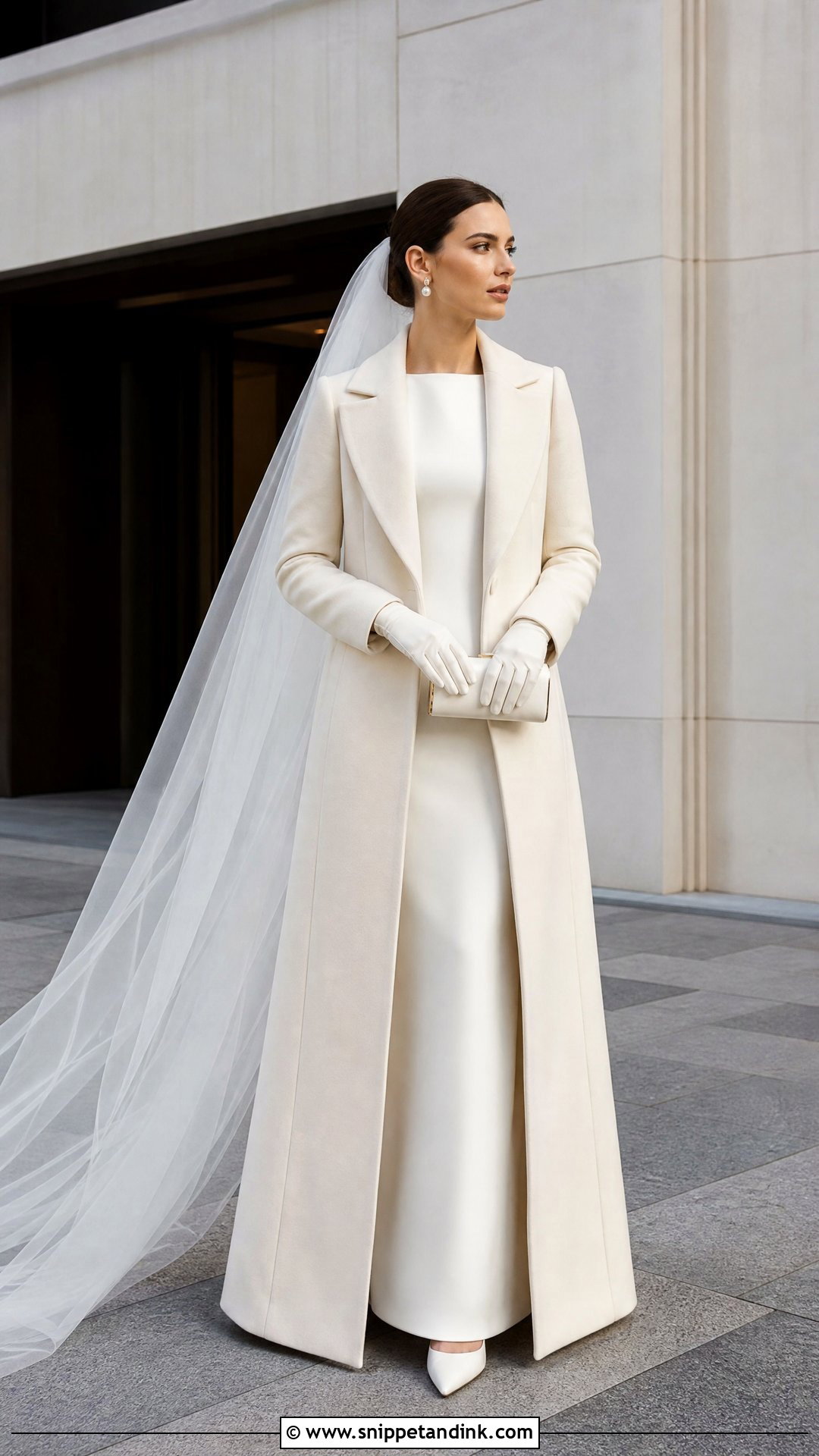 Column Gown And Long Wool Coat Outfit - Snippet and Ink - 20 Winter Bride Outfits