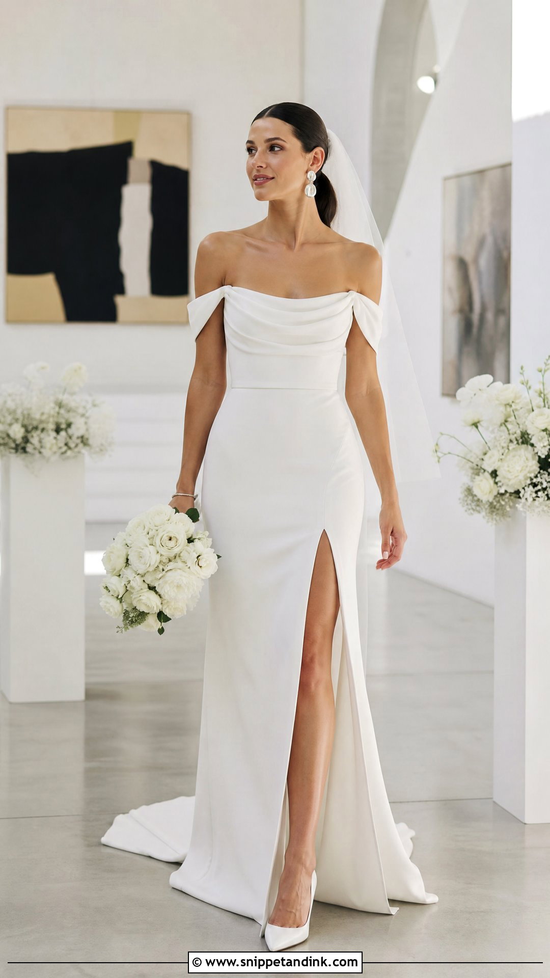 Column Off the Shoulder Wedding Dress With Slit - Snippet and Ink - 20 Simple Off the Shoulder Wedding Dress Ideas