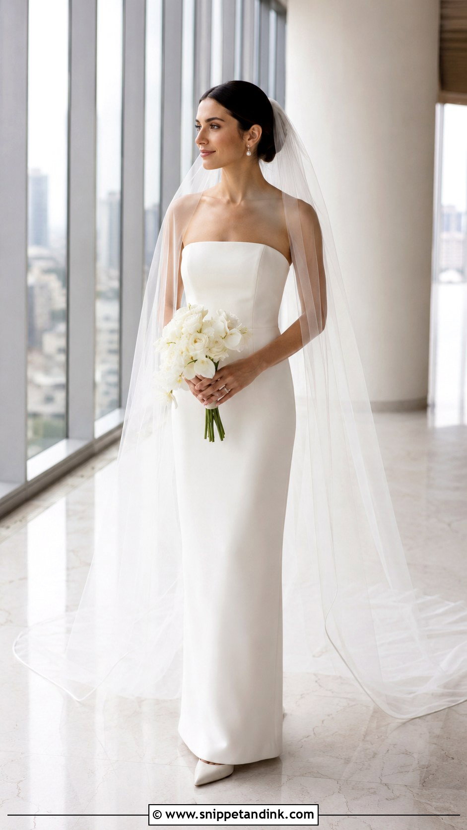 Column Tube Wedding Dress With Chapel Veil - Snippet and Ink - 20 Tube Wedding Dress Ideas