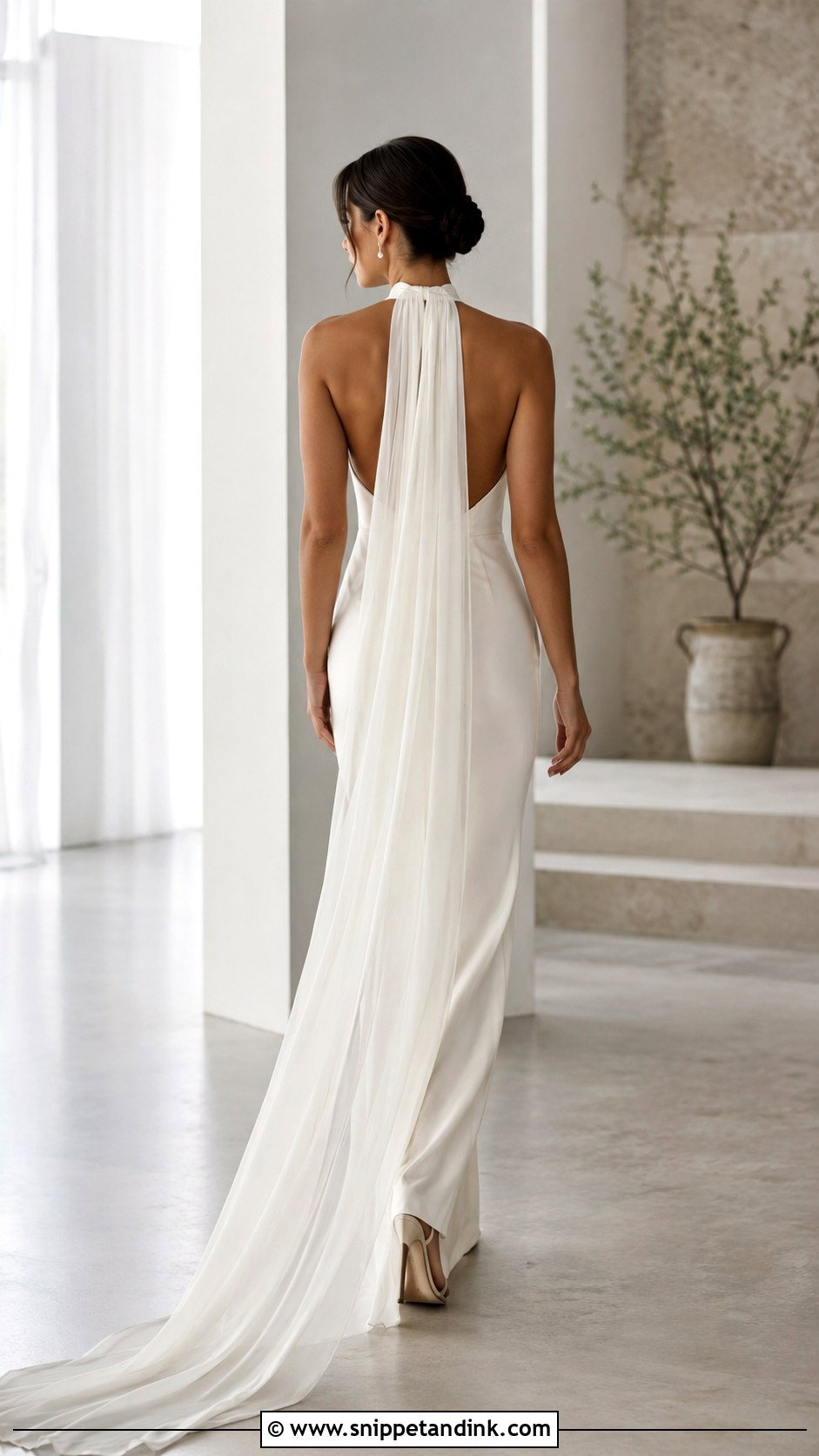 Column Wedding Dress With Back Draped Scarf - Snippet and Ink - 30 Wedding Dress with Scarf Ideas