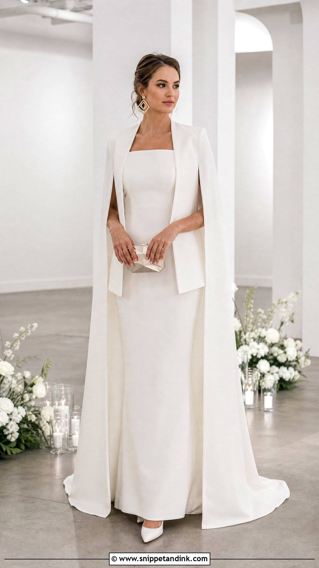 Column Wedding Dress With Cape Blazer - Snippet and Ink - 20 Wedding Dress with Blazer Ideas