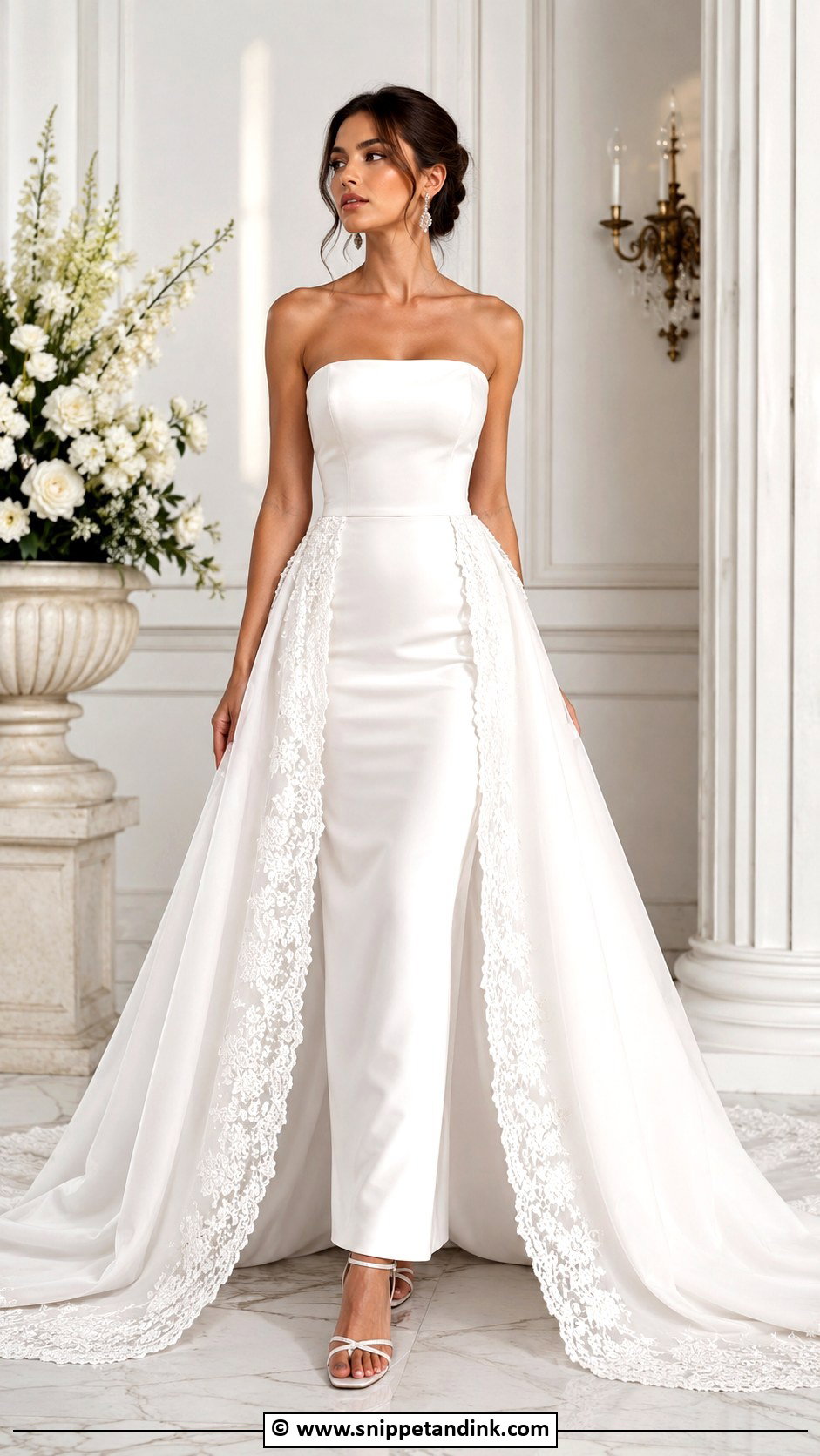 Column Wedding Dress With Detachable Overskirt - Snippet and Ink - 30 2 in 1 Wedding Dress Ideas