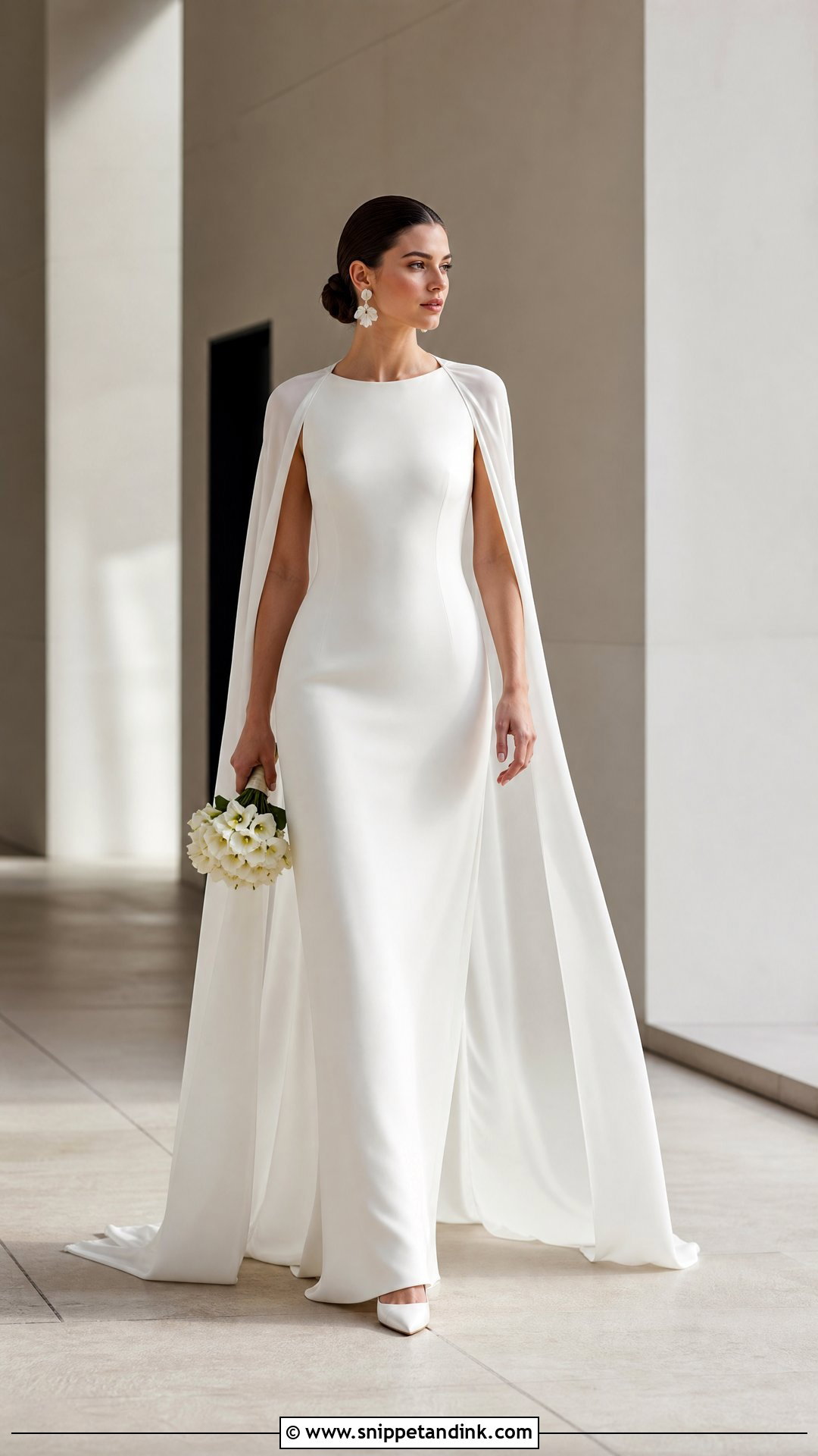 Column Wedding Gown With Detachable Cape - Snippet and Ink - 25 Two Way Wedding Gown Ideas