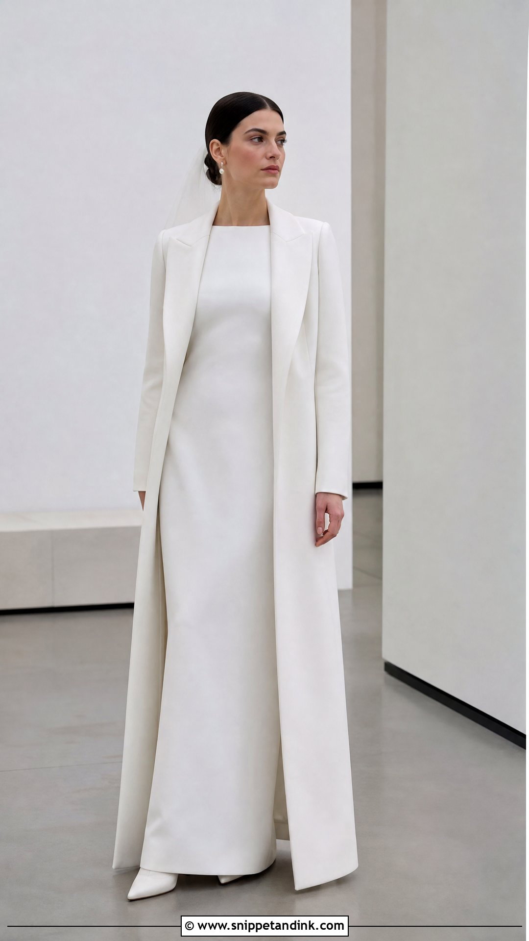 Column Winter Wedding Dress With Bridal Coat - Snippet and Ink - 20 Simple Winter Wedding Dress Ideas