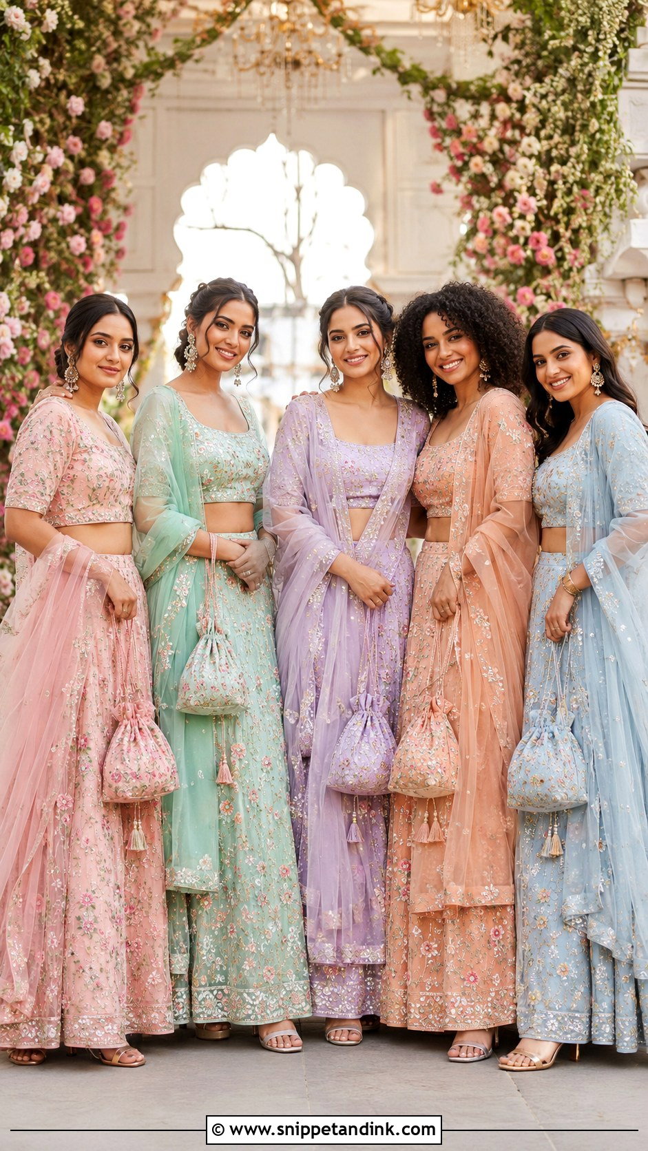 Coordinated Bollywood Bridesmaid Lehengas - Snippet and Ink - 20 Bollywood Wedding Outfit Ideas