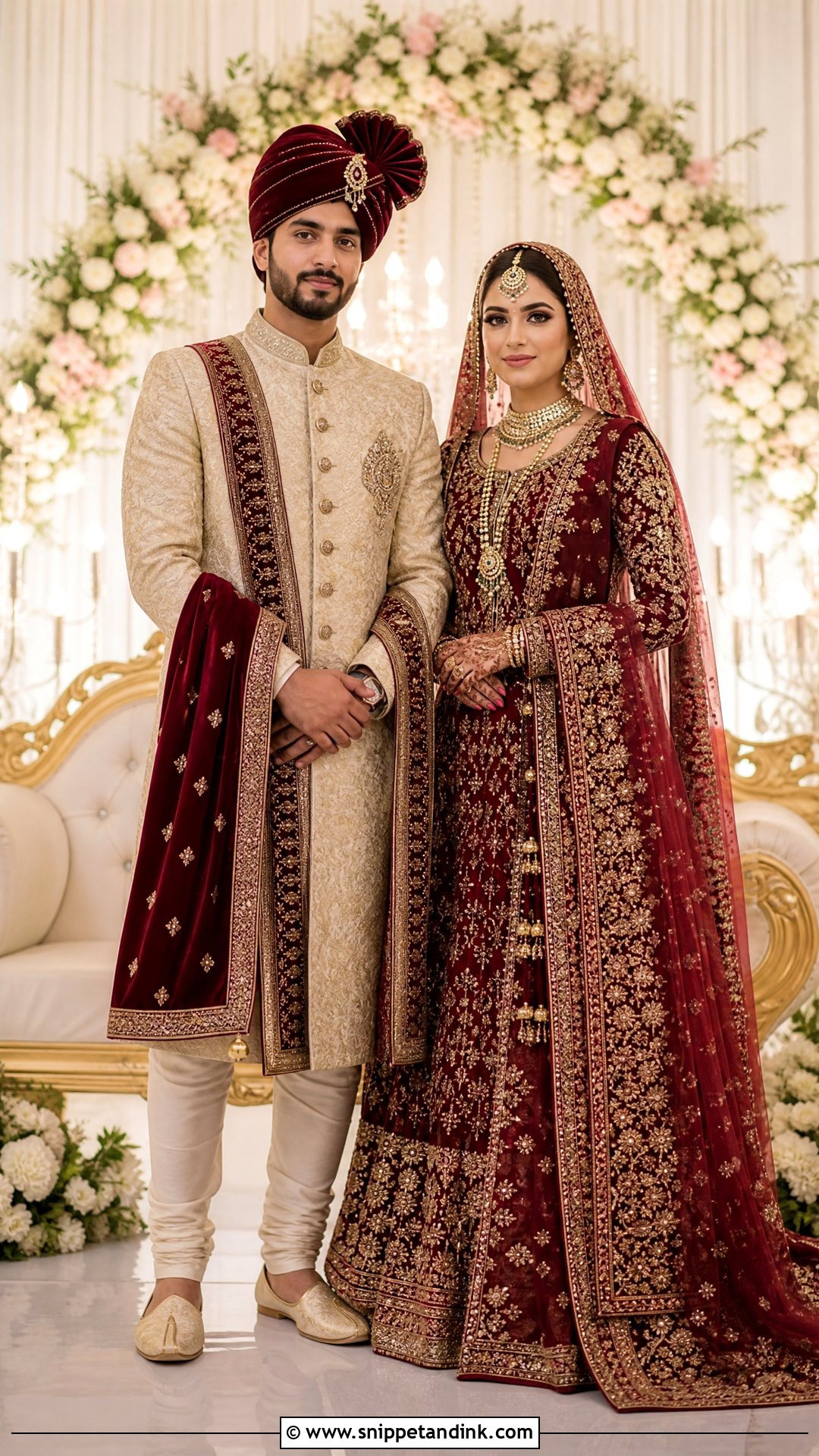 Coordinated Couple Sherwani With Contrasting Accessories - Snippet and Ink - 20 Sherwani Wedding Ideas
