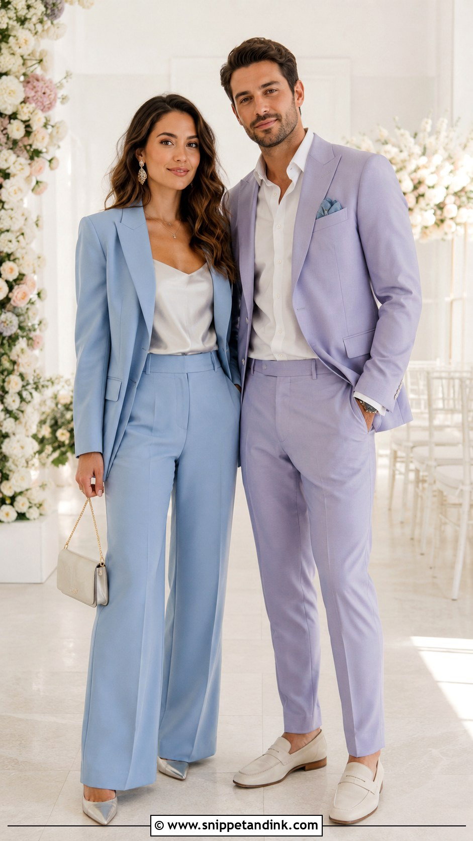 Coordinated Pastel Pantsuits Couple Wedding Outfit - Snippet and Ink - 20 Couples Wedding Outfits