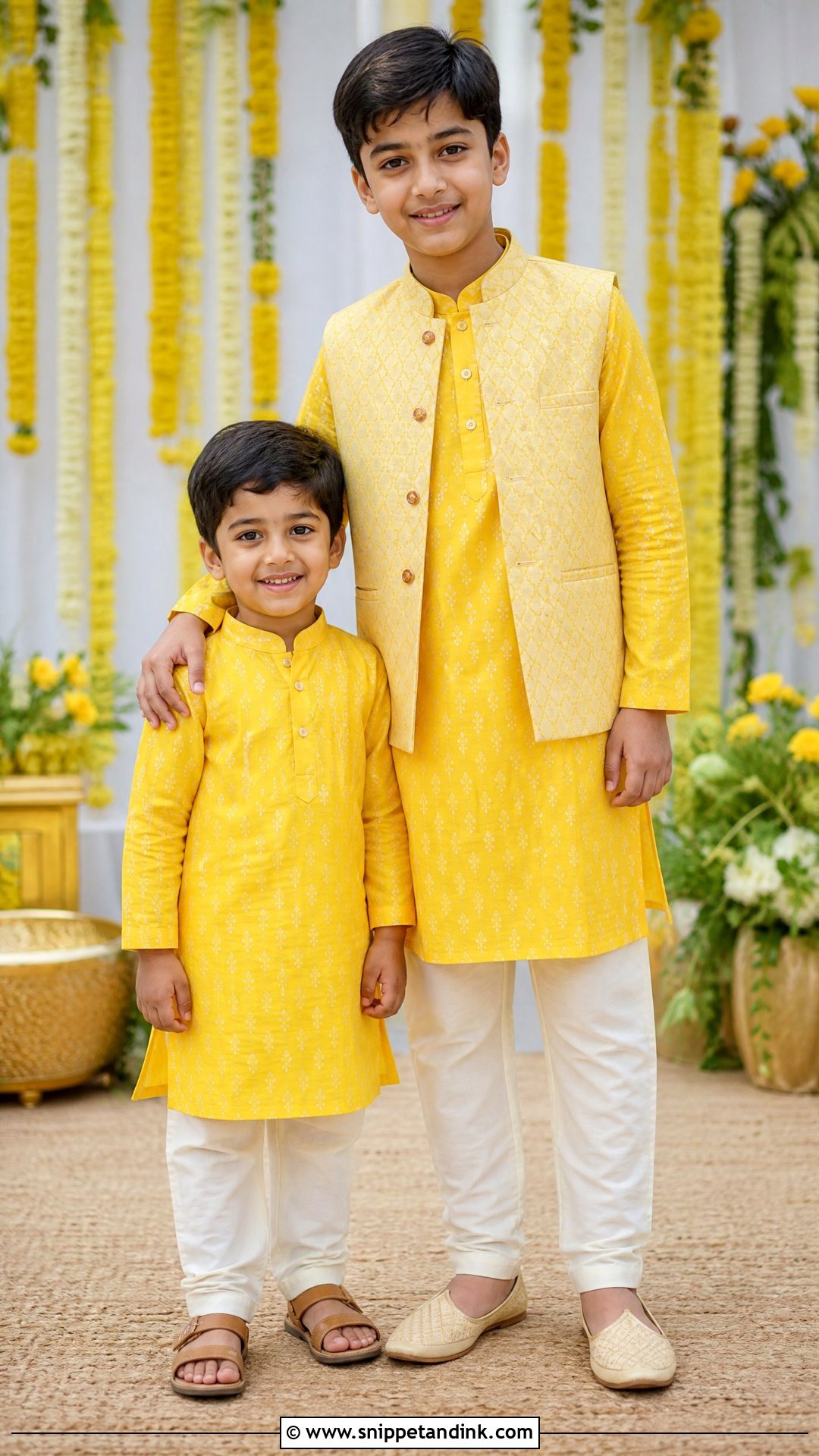 Coordinated Yellow Kurta Sets For Brothers - Snippet and Ink - 20 Boys Haldi Outfit Ideas