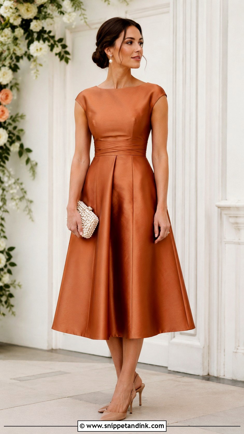 Copper A Line Dress With Pearl Accessories - Snippet and Ink - 20 Copper Dress Outfit Wedding Ideas