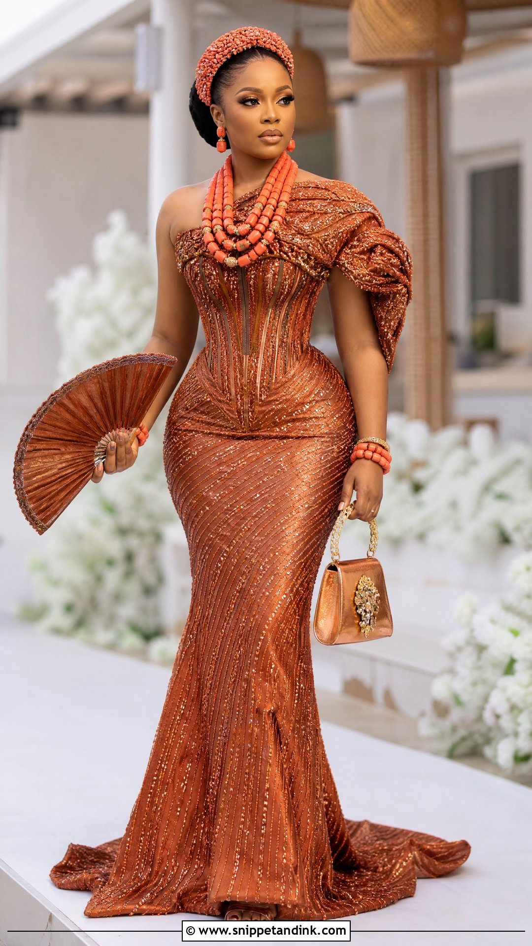 Copper One Shoulder Igbo Bride Gown - Snippet and Ink - 20 Igbo Bride Traditional Wedding Outfit Ideas
