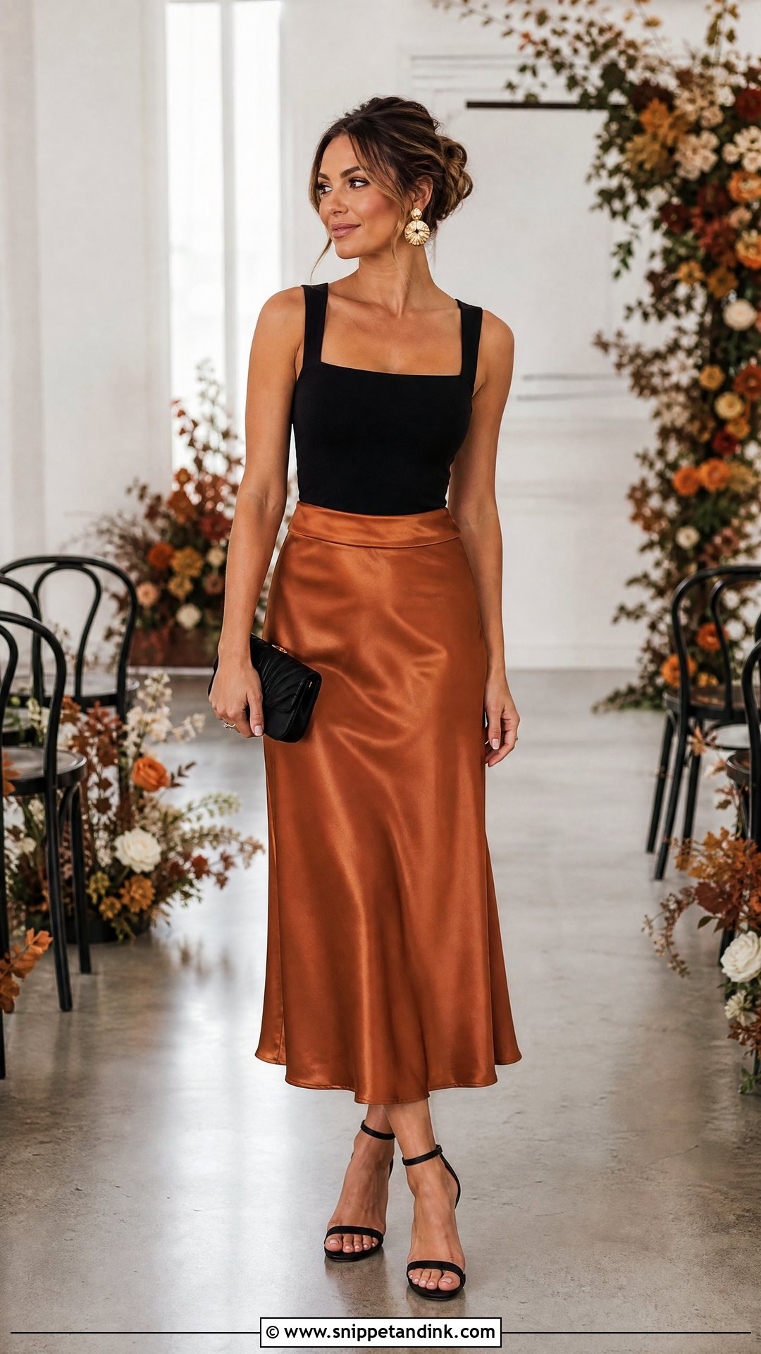 Copper Satin Skirt With Black Fitted Top - Snippet and Ink - 20 Satin Skirt Wedding Outfit Ideas
