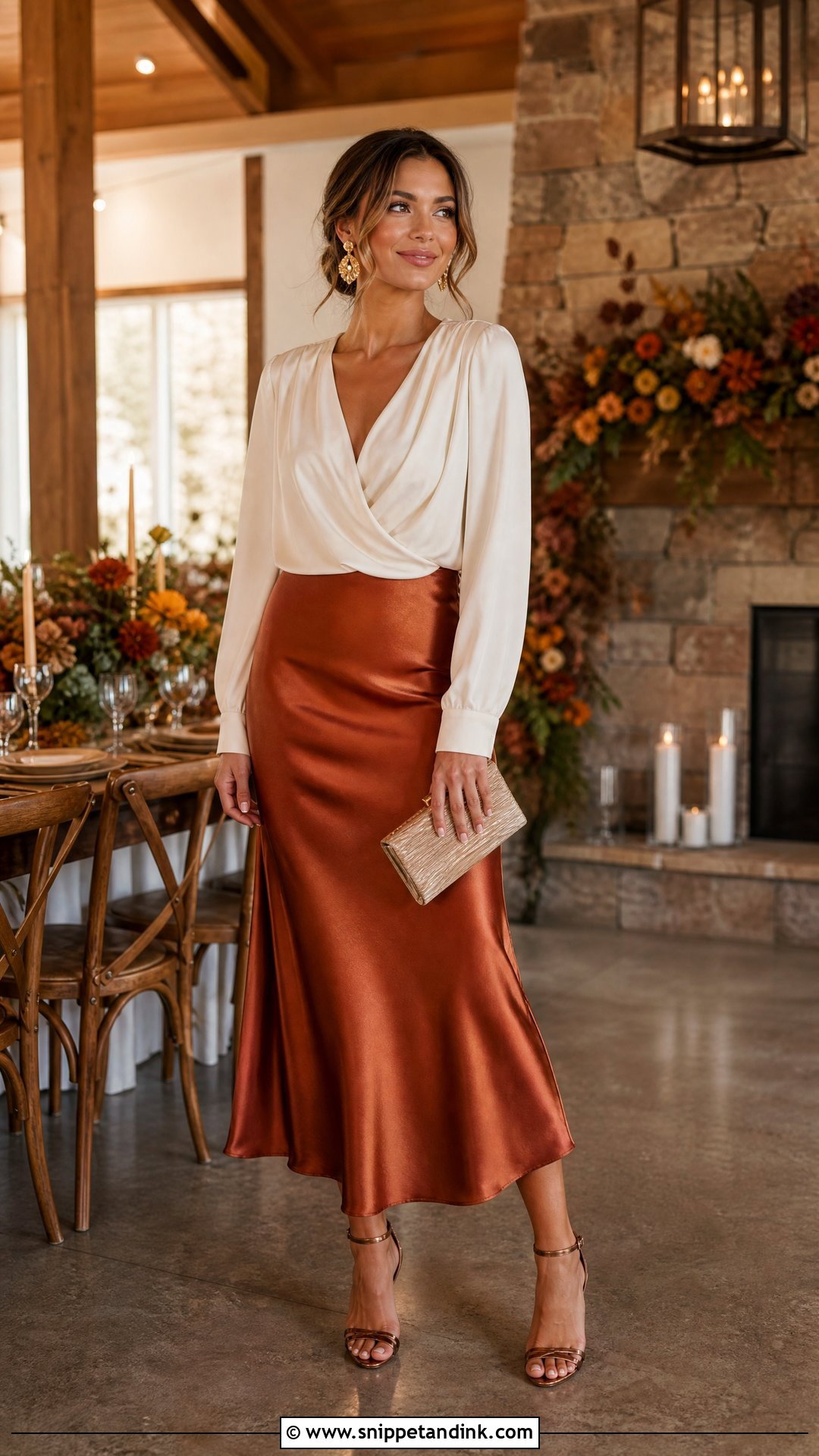 Copper Satin Skirt With Ivory Blouse - Snippet and Ink - 25 Classy Satin Skirt Wedding Outfit Ideas