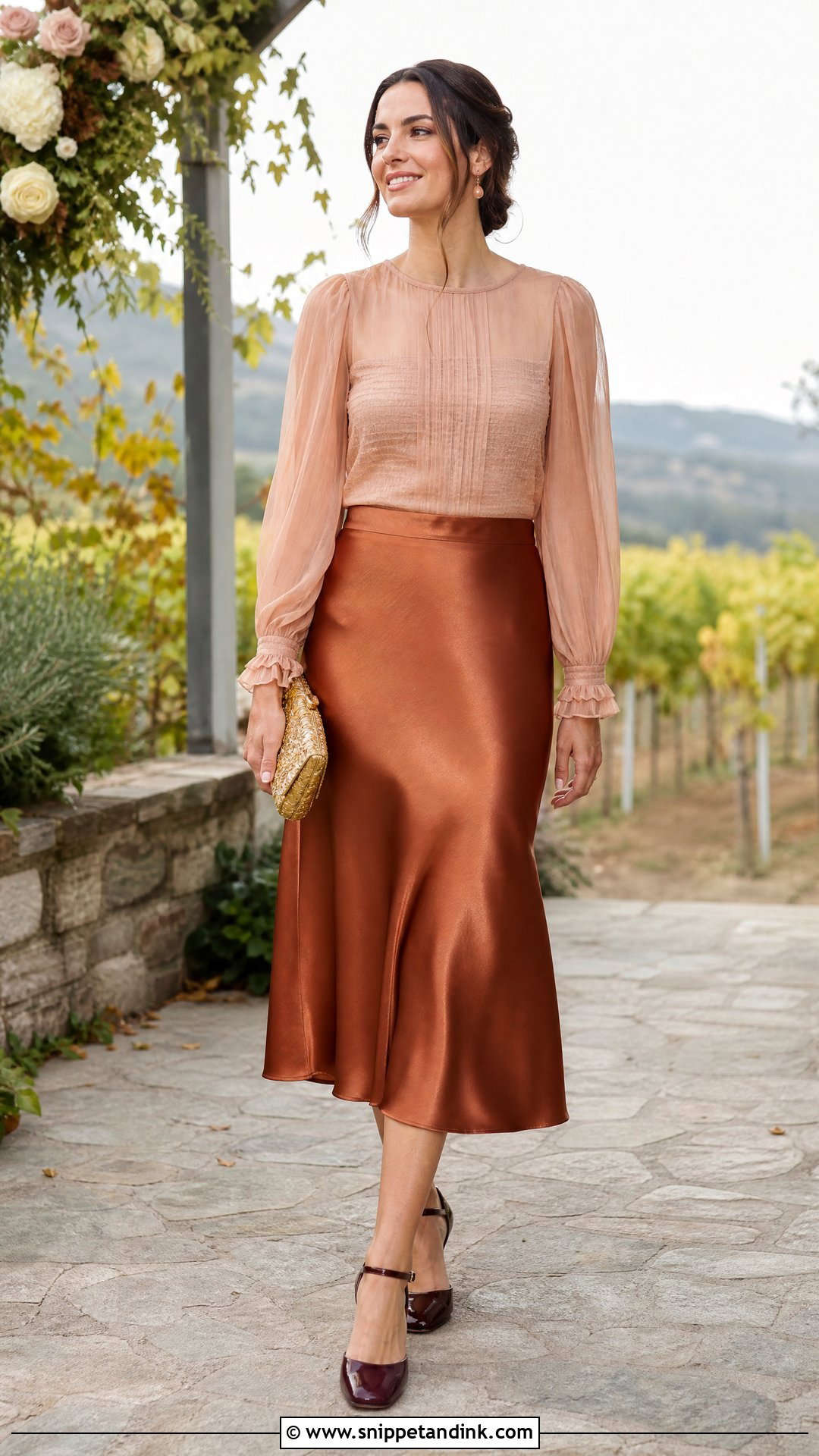 Copper Satin Skirt With Sheer Sleeve Blouse - Snippet and Ink - 20 Satin Skirt Outfit for Wedding Ideas