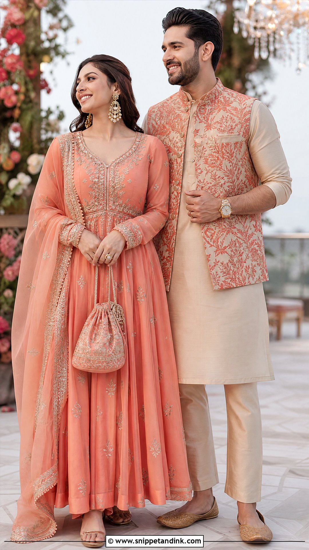 Coral Anarkali And Beige Kurta Jacket Sangeet Couple Outfit - Snippet and Ink - 20 Sangeet Outfit for Couple Ideas