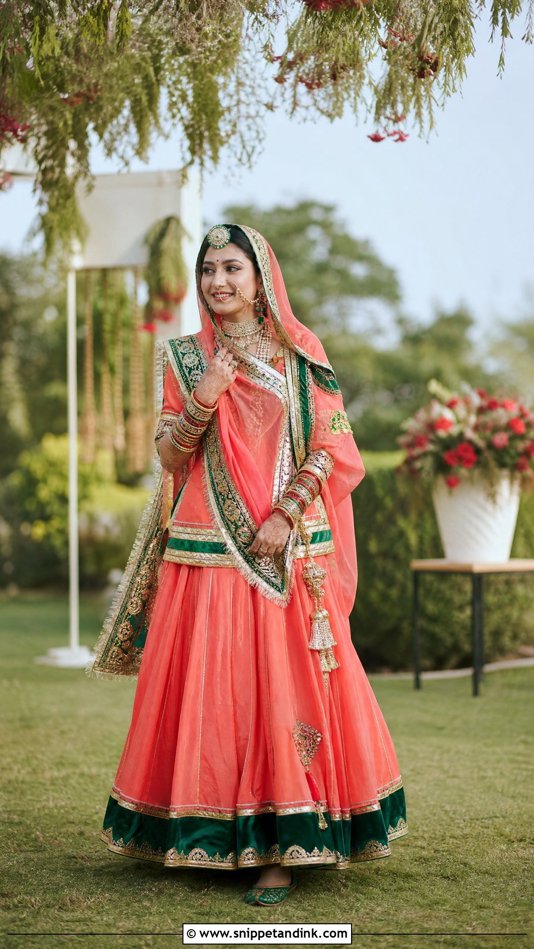 Coral And Green Rajputani Bridal Poshak - Snippet and Ink - 20 Rajputani Poshak for Bride Ideas