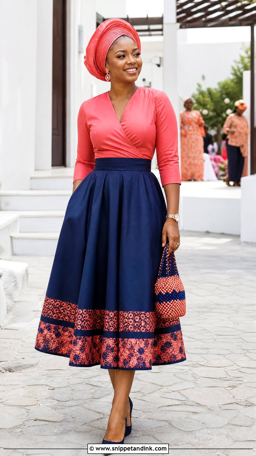 Coral And Navy Pedi Wrap Dress - Snippet and Ink - 20 Pedi Traditional Attire African Weddings Ideas