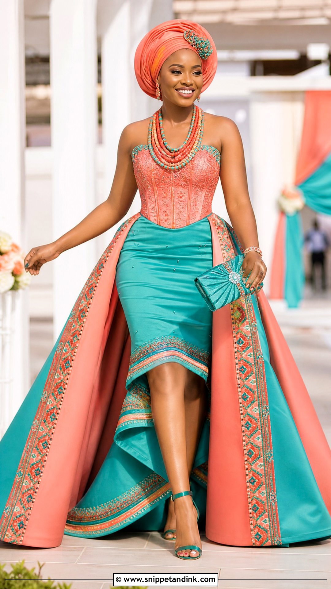 Coral And Teal High Low Sepedi Dress - Snippet and Ink - 25 Sepedi Traditional Wedding Dresses