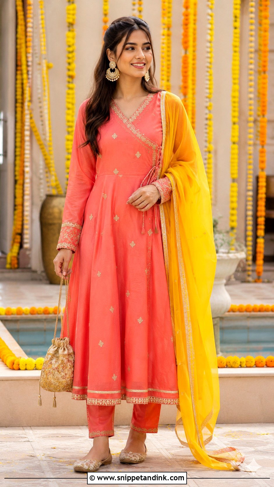 Coral Angrakha Mehndi Outfit - Snippet and Ink - 20 Mehndi Ceremony Outfit for Sister Ideas