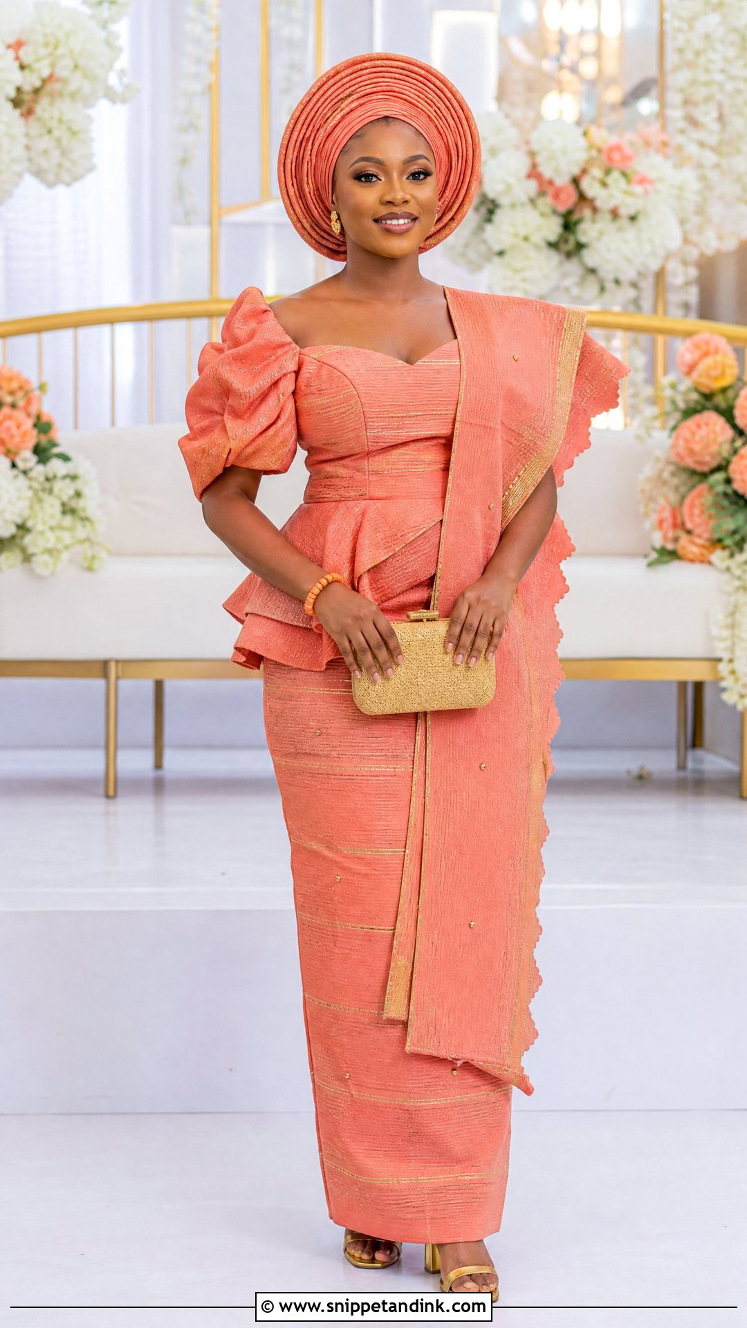 Coral Aso Oke Peplum And Wrapper Outfit - Snippet and Ink - 20 Yoruba Introduction Outfit Ideas