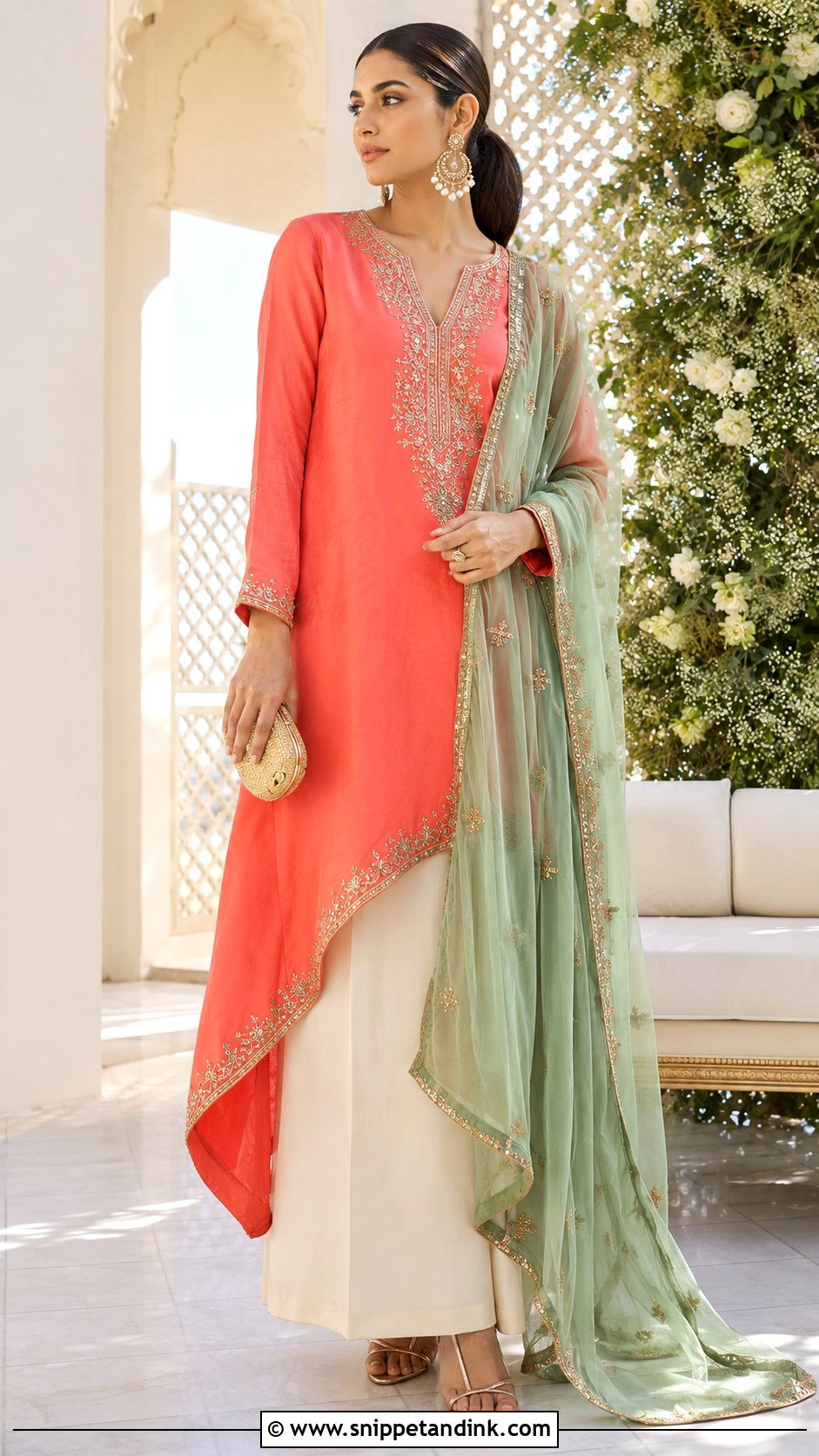 Coral Asymmetrical Kurta Mehndi Outfit - Snippet and Ink - 20 Mehandi Function Dresses Mehndi Outfit