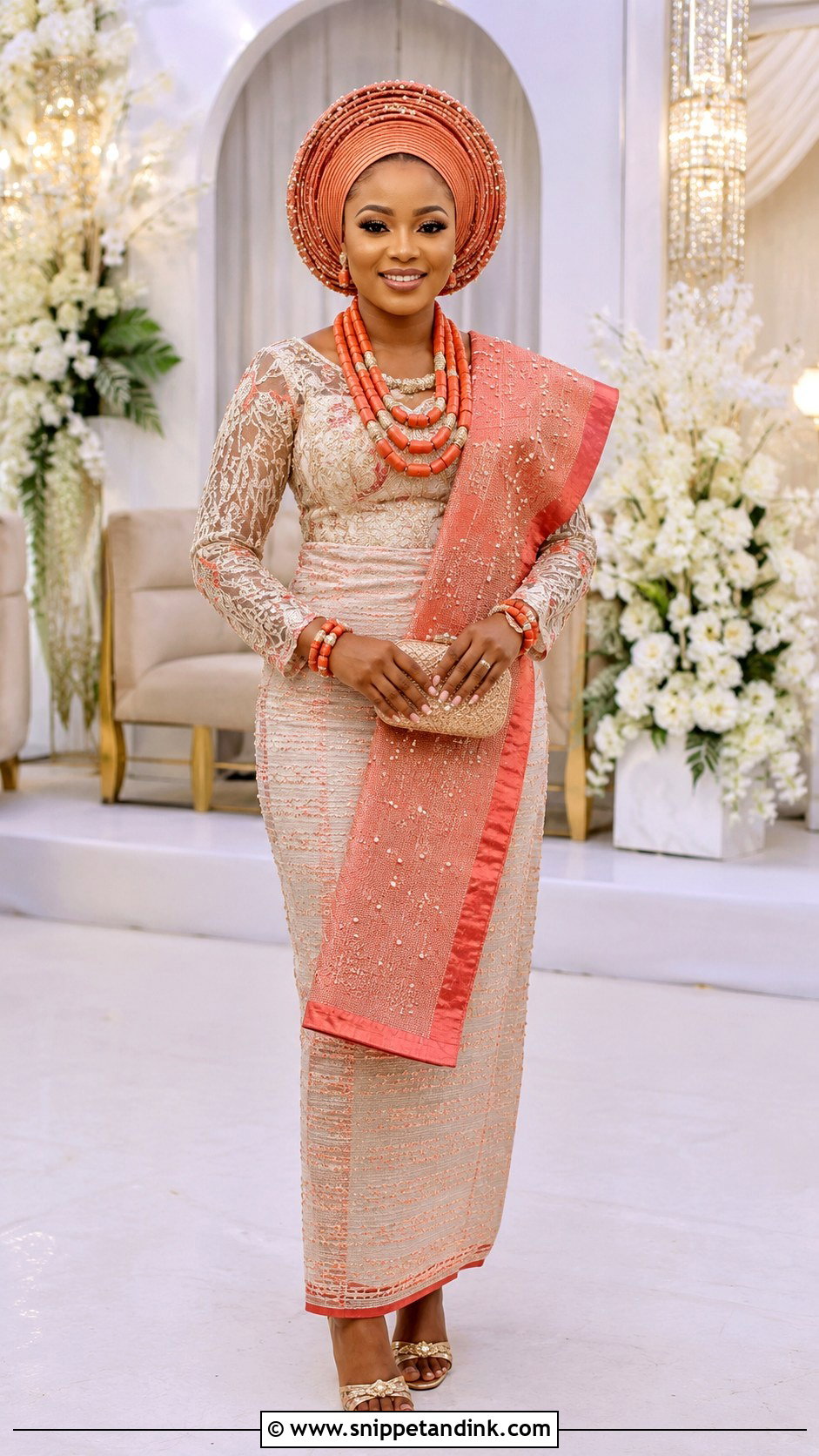 Coral Beaded Bridal Gele With Traditional Attire - Snippet and Ink - 20 Bridal Gele Styles