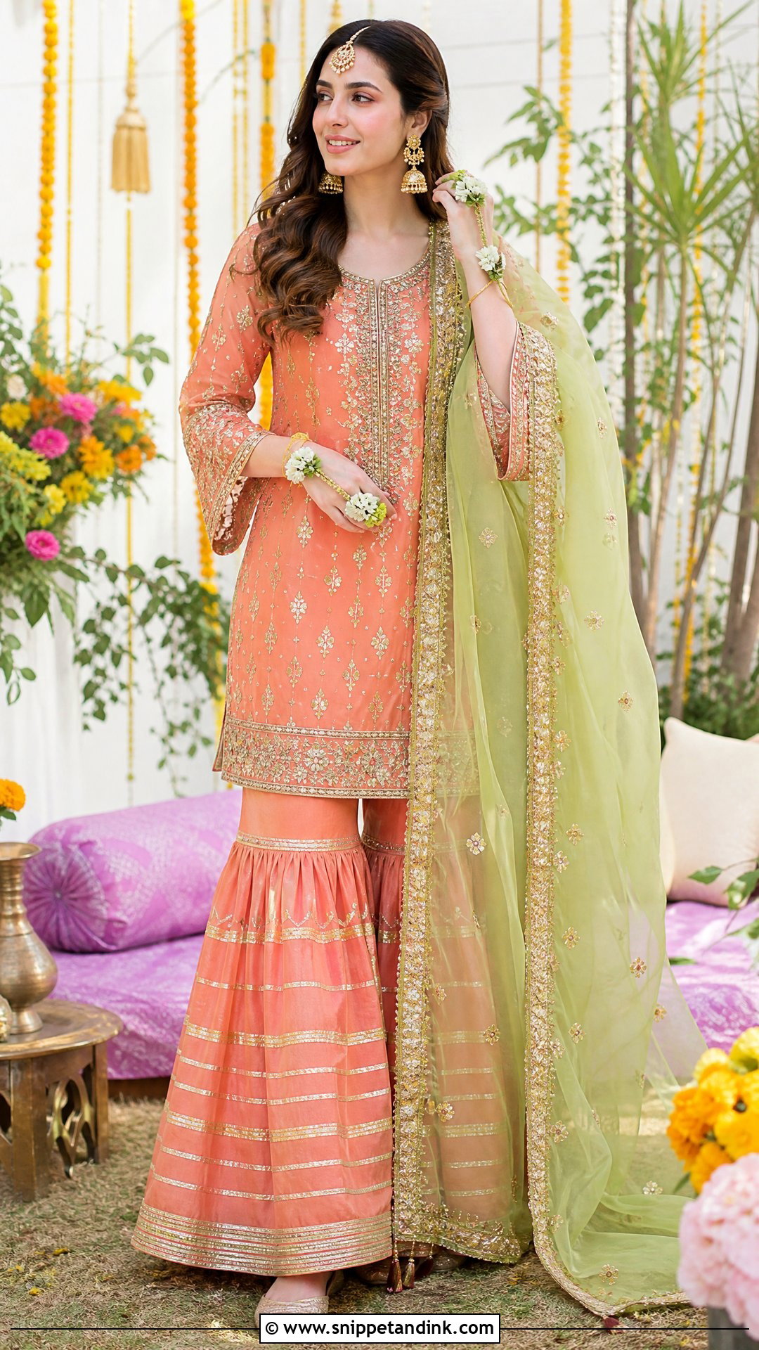 Coral Bridal Gharara Mehndi Dress - Snippet and Ink - 20 Pakistani Bridal Mehndi Dress Ideas