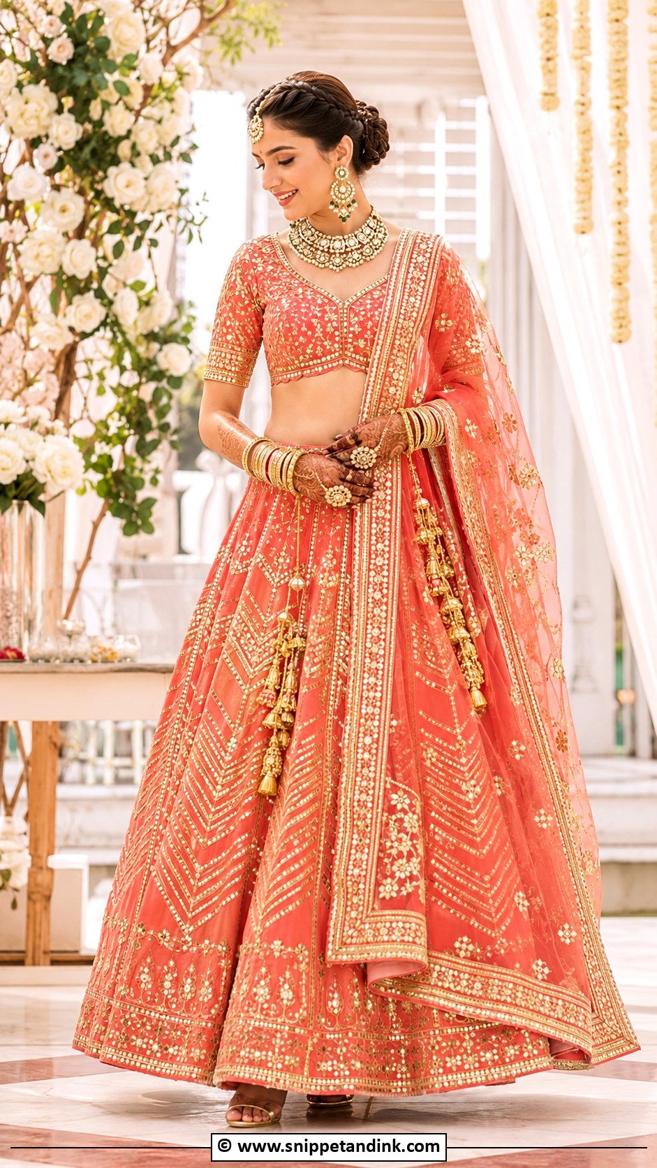 Coral Bridal Lengha With Gota Patti Work - Snippet and Ink - 30 Bridal Lengha Ideas