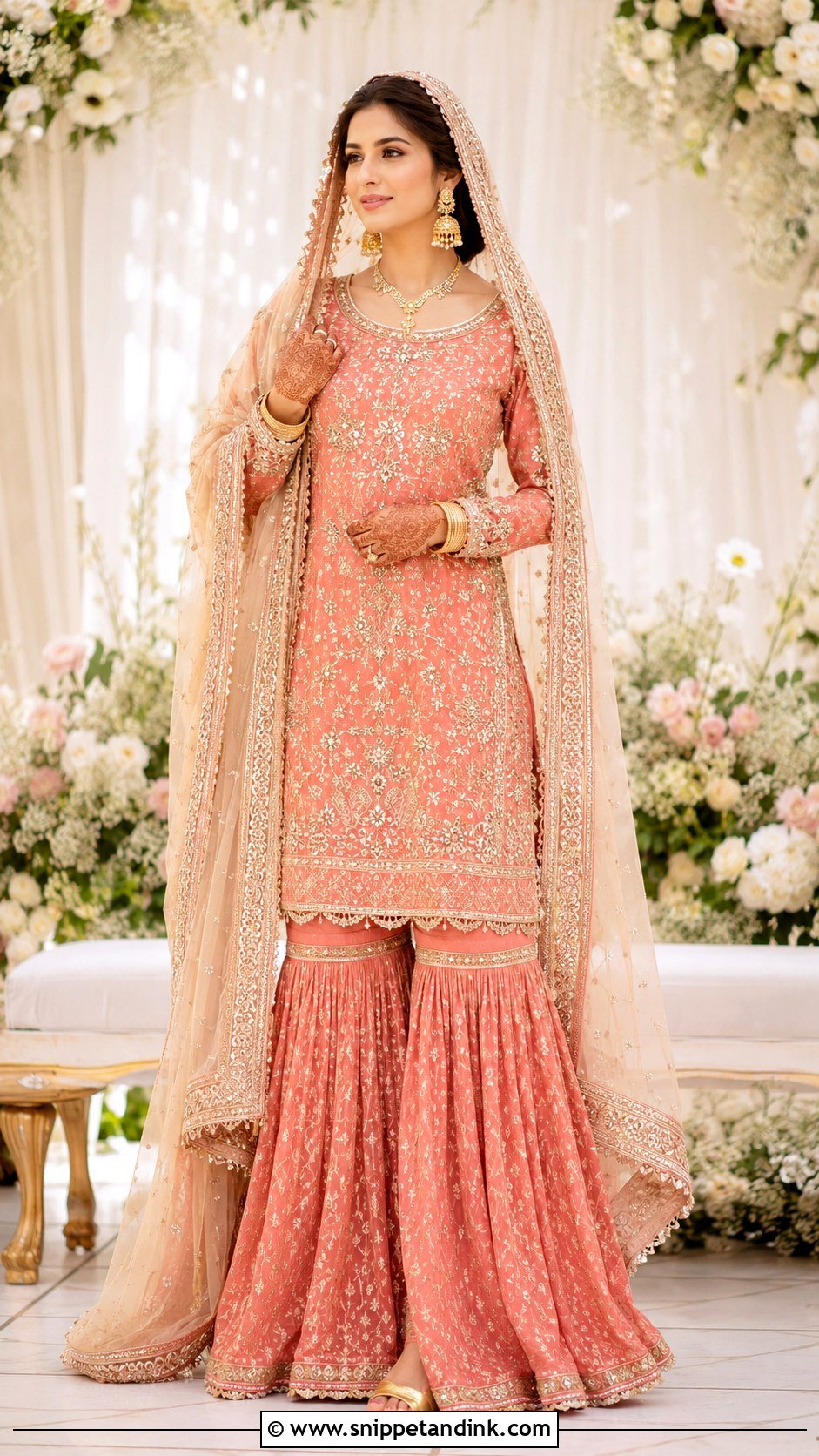 Coral Bridal Sharara With Long Kurta - Snippet and Ink - 30 Indian Muslim Bridal Dress Ideas