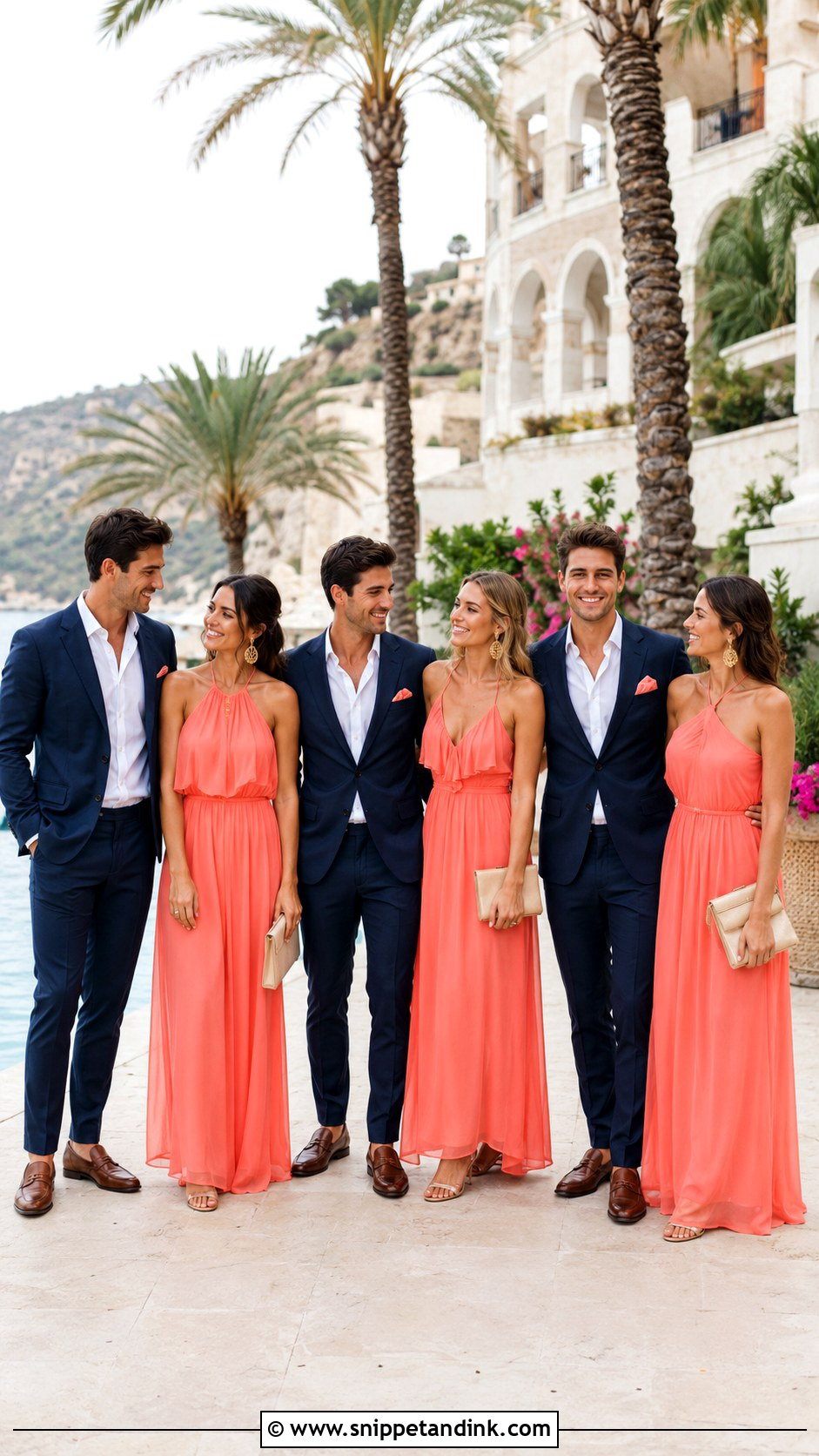 Coral Bridesmaid Dresses With Navy Groomsmen Attire - Snippet and Ink - 20 Beach Wedding Party Attire Ideas