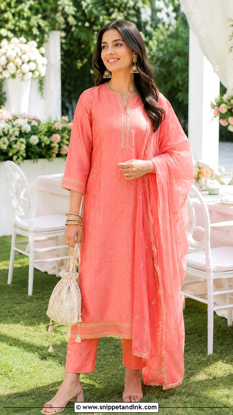 Coral Chanderi Suit Roka Outfit - Snippet and Ink - 20 Indian Roka Outfits