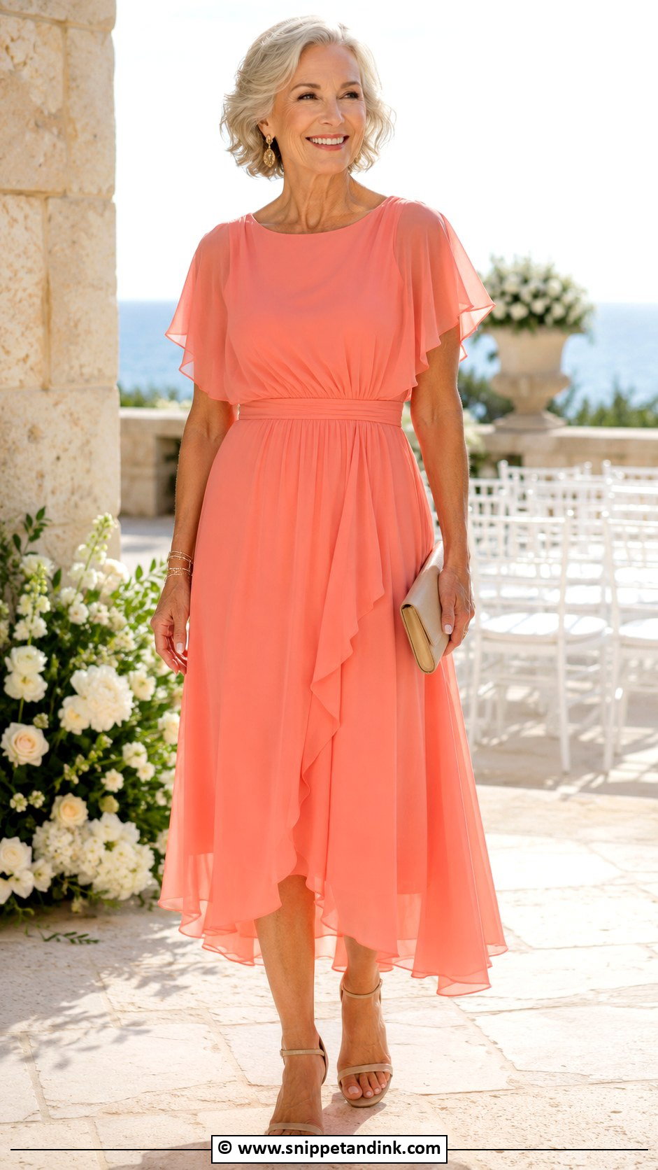 Coral Chiffon Dress Outfit - Snippet and Ink - 25 Grandma Wedding Outfit Ideas