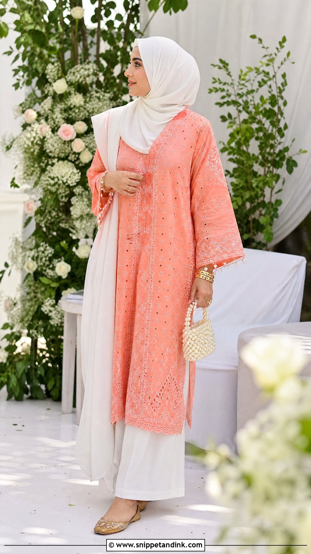 Coral Chikankari Suit With White Hijab - Snippet and Ink - 20 Pakistani Hijab for Wedding Party Ideas