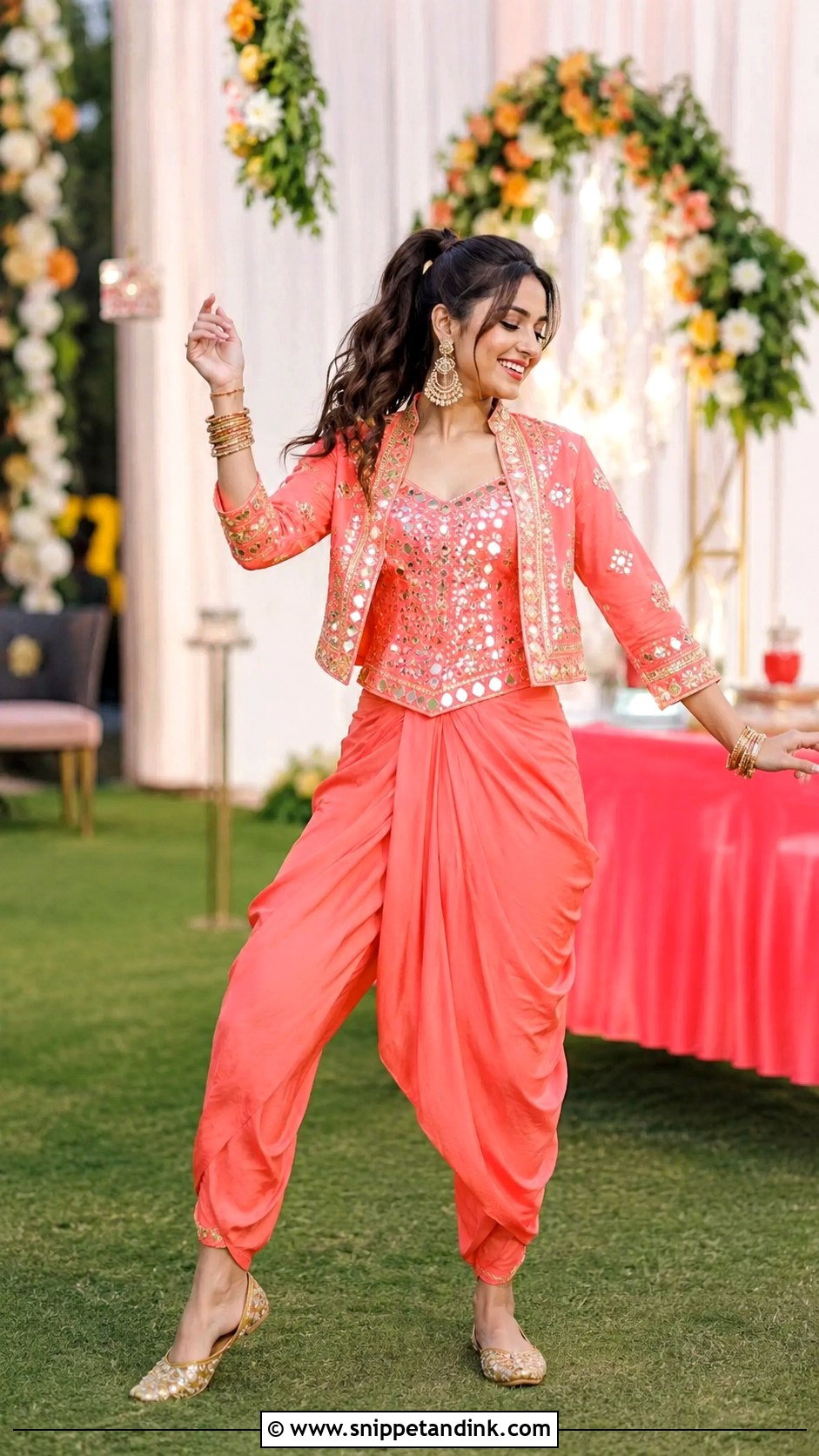 Coral Dhoti Pant Mehendi Suit - Snippet and Ink - 20 Mehendi Suits Mehndi Outfit