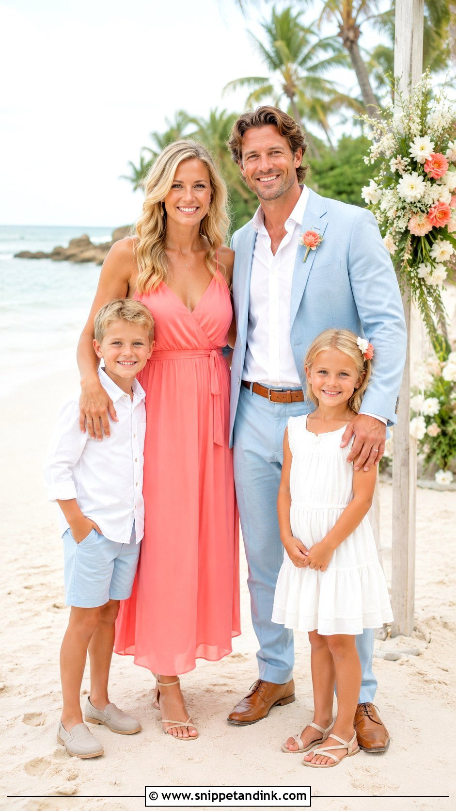 Coral Dress And Light Blue Suit Family Wedding Outfit - Snippet and Ink - 25 Family Wedding Outfits