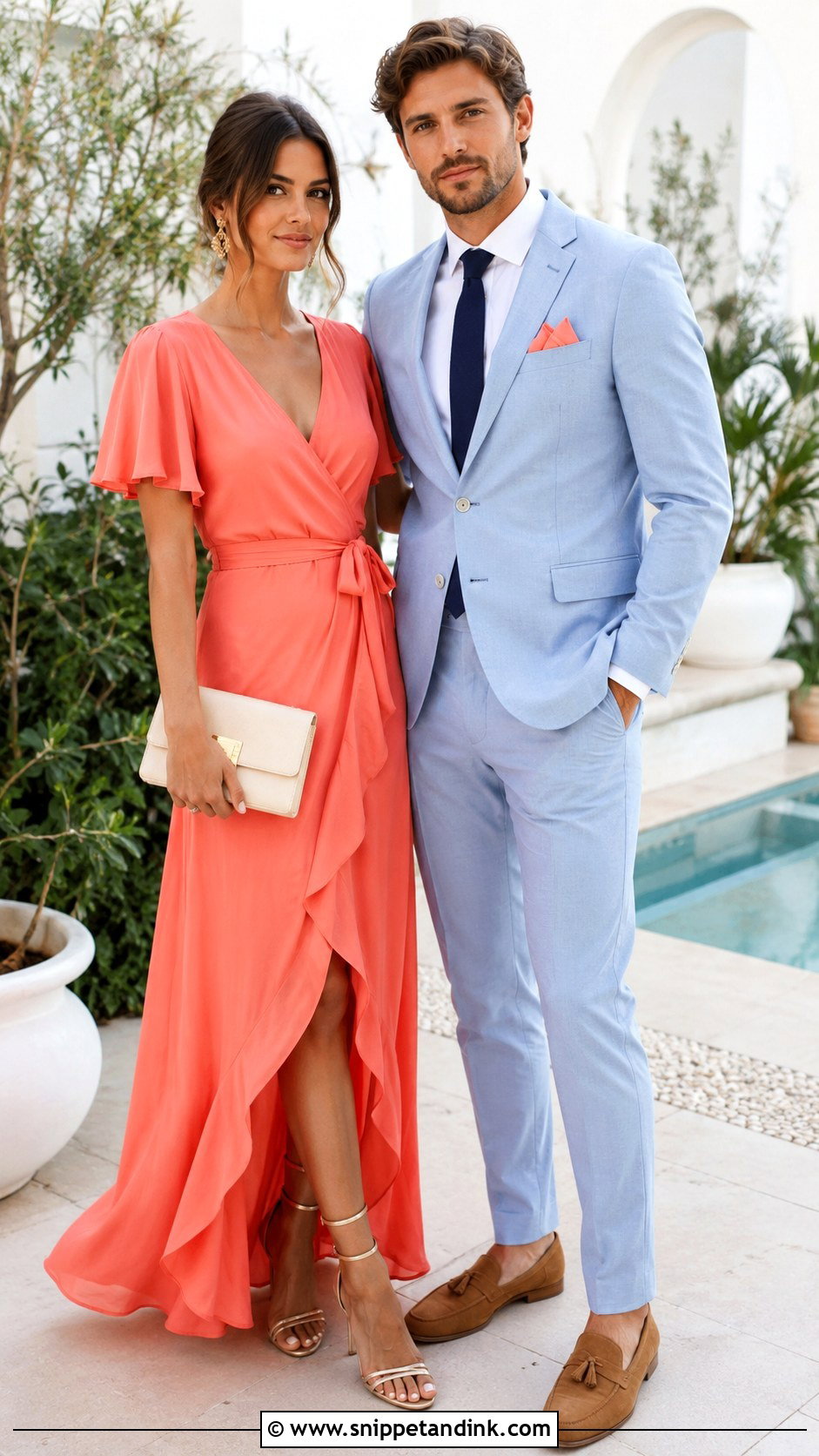 Coral Dress and Light Blue Suit - Snippet and Ink - 20 Matching Dress and Suit Ideas