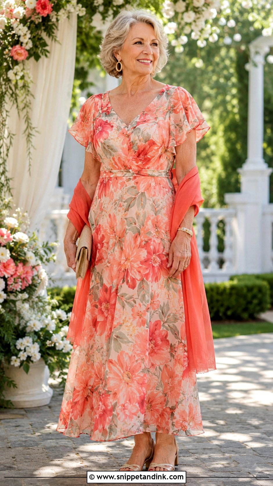 Coral Floral Chiffon Nana Wedding Dress - Snippet and Ink - 20 Nana Wedding Dress Ideas