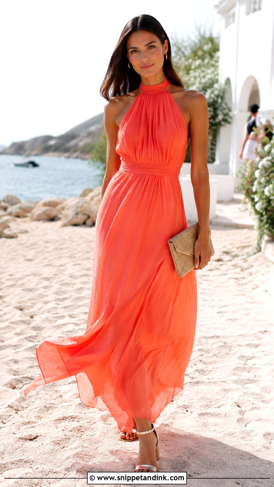 Coral Halter Maxi Dress Beach Wedding Outfit - Snippet and Ink - 20 Elegant Wedding Outfit Ideas