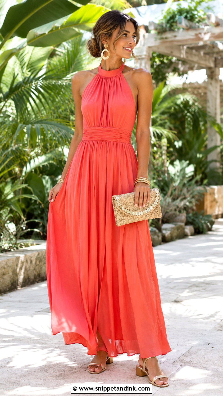 Coral Halter Maxi Wedding Dress Outfit - Snippet and Ink - 20 Classy Dress Outfits for Wedding