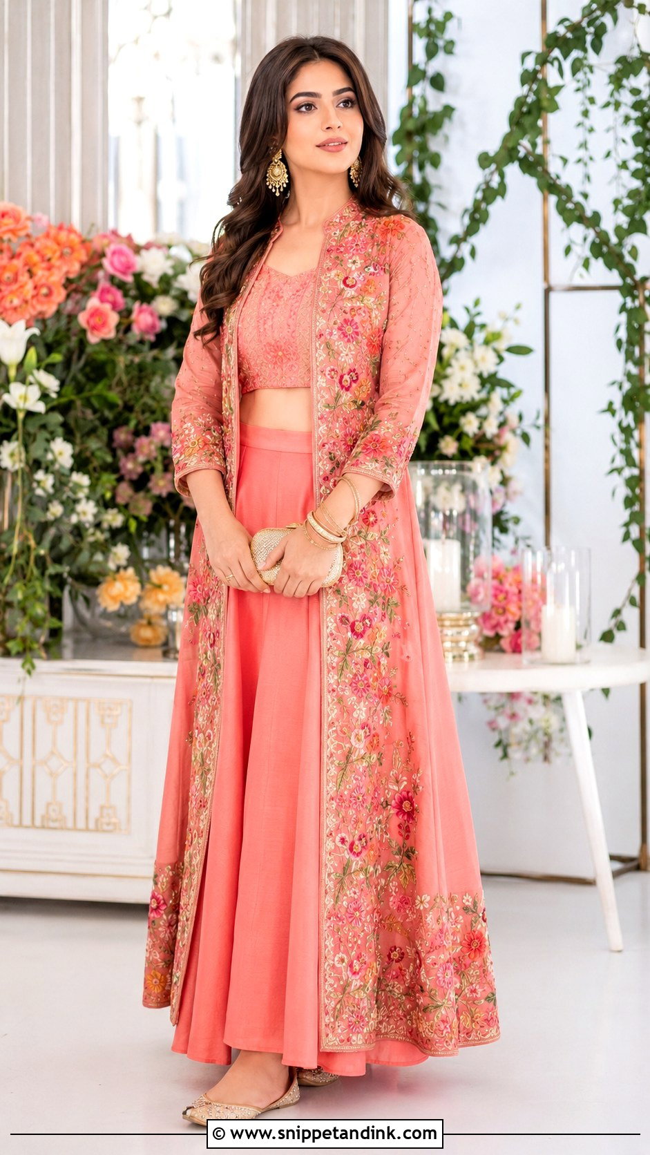 Coral Jacket Lehenga Mehendi Outfit - Snippet and Ink - 20 Mehendi Ceremony Outfit Ideas