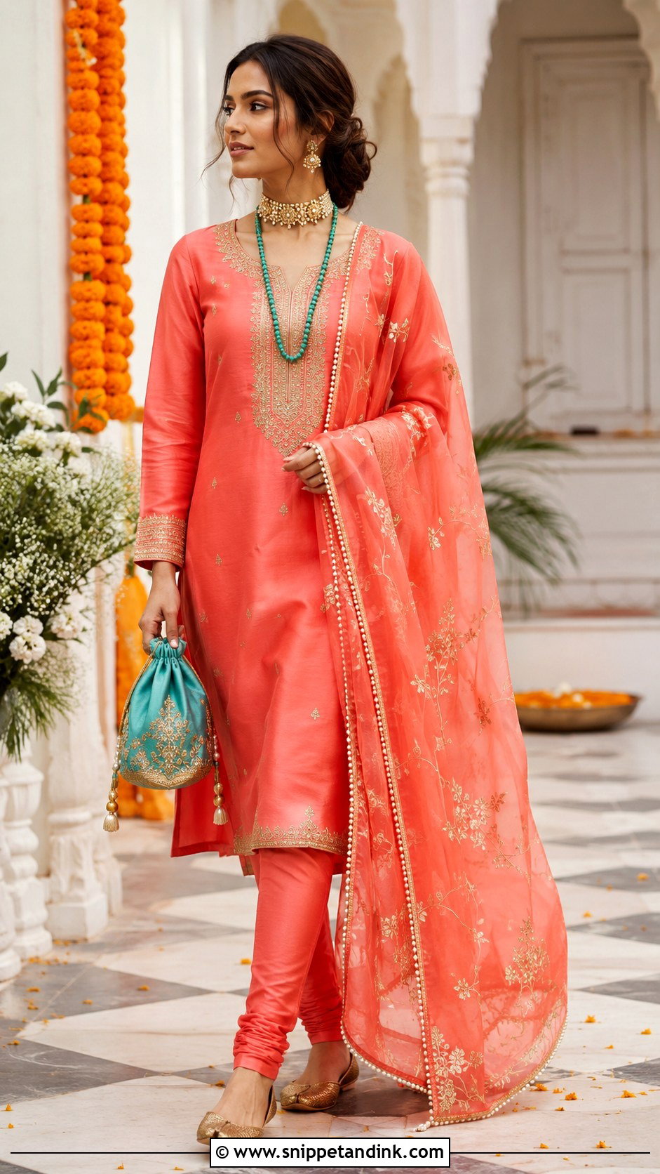 Coral Khada Dupatta Festive Outfit - Snippet and Ink - 20 Khada Duppata Hyderabadi Ideas