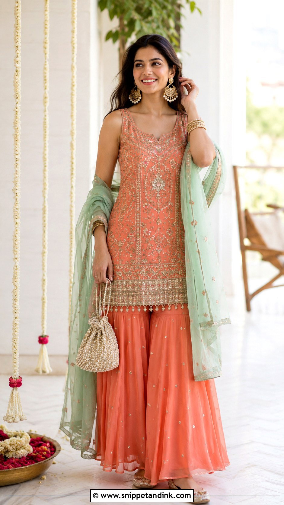 Coral Kurta And Sharara Mehndi Dress - Snippet and Ink - 20 Mehndi Event Dresses